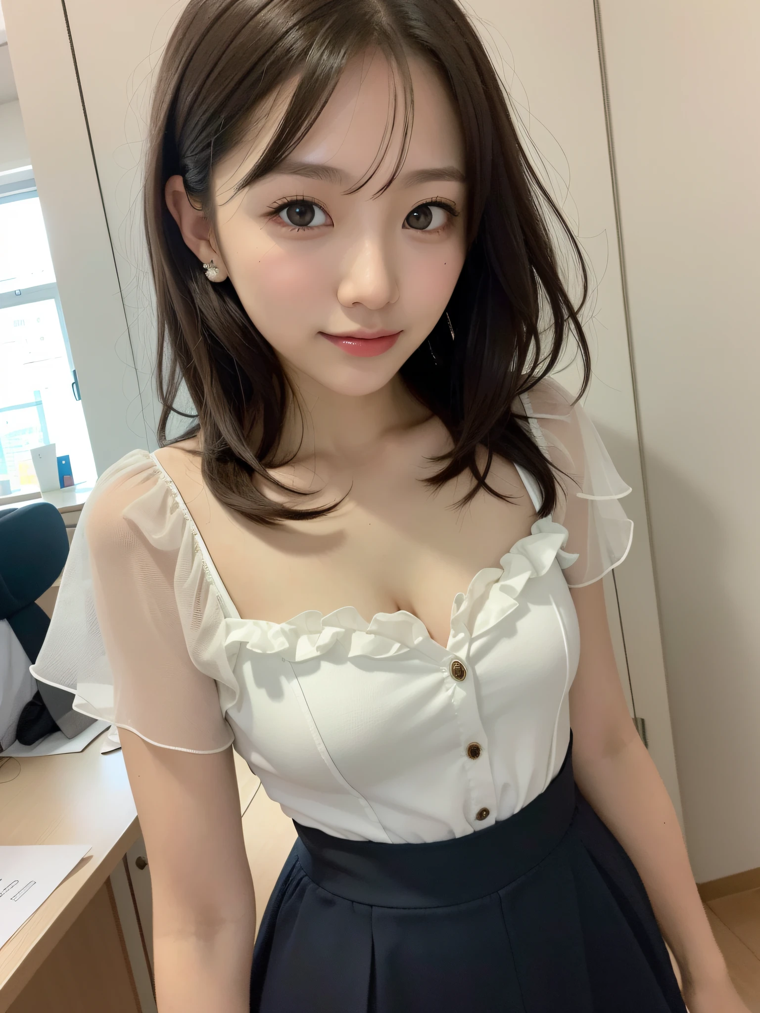 ((of the highest quality, 8K, masutepiece: 1.3, Raw photo)), Sharp Focus: 1.2, (1 AESPA Girl :1.1), Solo, (Realistic, Photorealistic: 1.37), (Face Focus: 1.1), Cute face, hyperdetailed face, short messy hair, Small Smile, small breasts, flat chest, (camisole, chiffon dress ,business skirt: 1.1), standing, office room, (show panties:1.2), flower, bloom