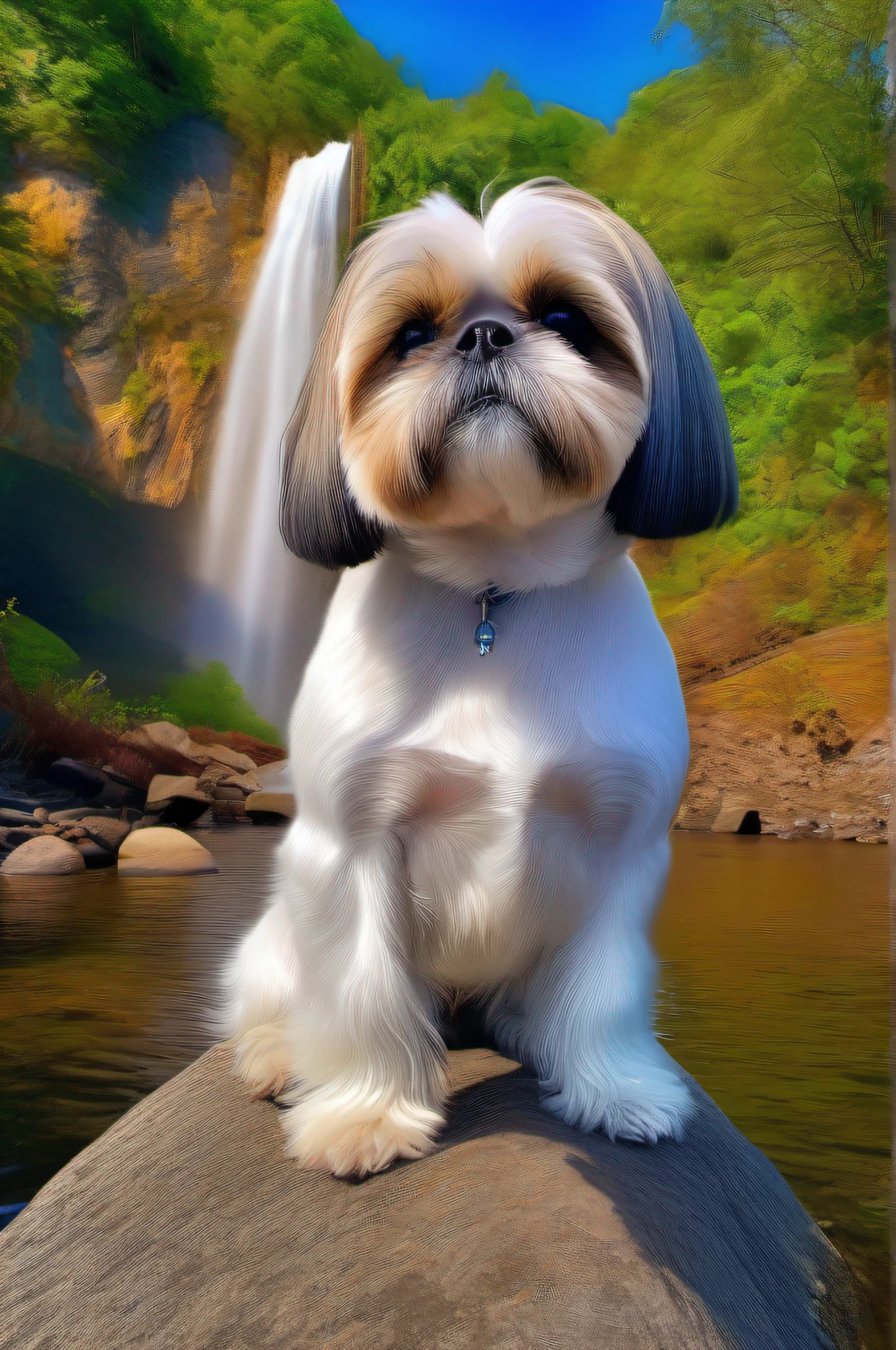 here is a small dog sitting on the a rock , shih tzu, looking towards the camera, looking straight to camera, beautiful views, post-processed, background is a amazing waterfall with rainbow, detailed portrait shot, at the park, shot with a canon 20mm lens