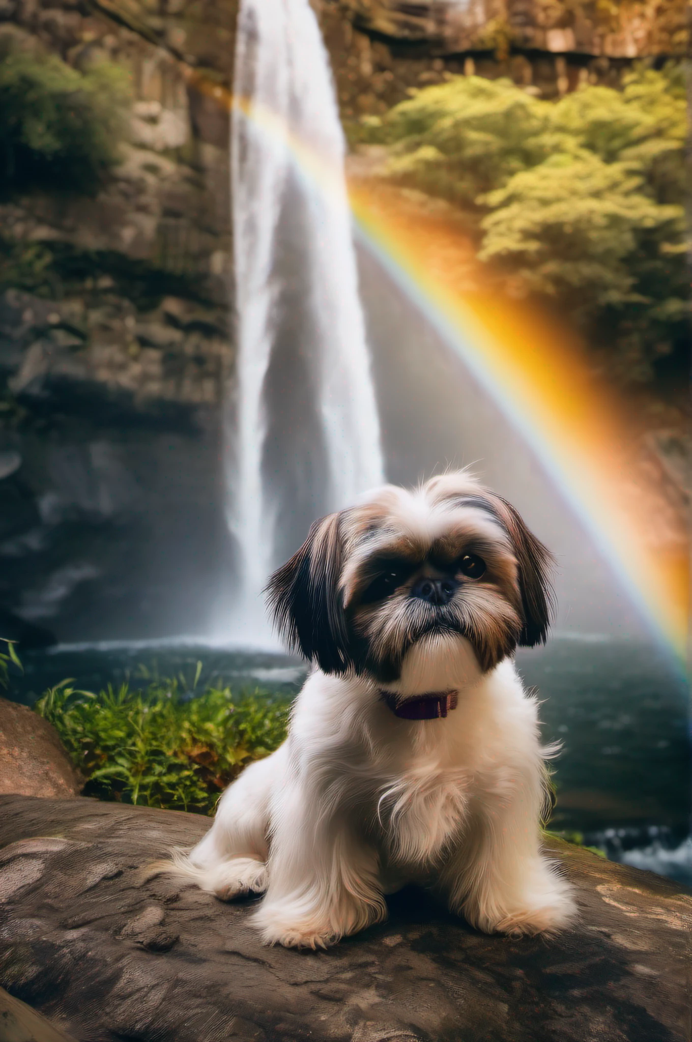 here is a small dog sitting on the a rock , shih tzu, looking towards the camera, looking straight to camera, beautiful views, post-processed, background is a amazing waterfall with rainbow, detailed portrait shot, at the park, shot with a canon 20mm lens