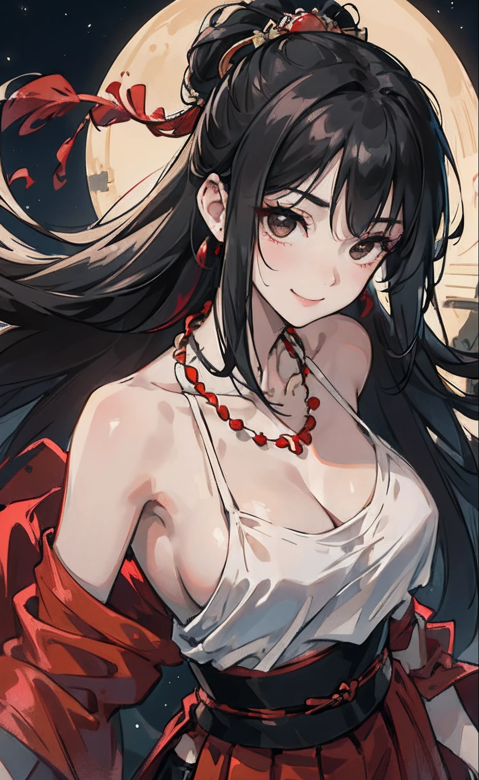 Sexy ager,tits out:1.8,Upper body naked, Hair Accessories and Necklaces,8K分辨率,top-quality,hyper HD,extreme hight detail,ancient environment,the night,Top Design,Red Hakama,Dynamic lens,Texture,Ancient wind,A smile,dance, Black eyes, A dark-haired, kindly smile