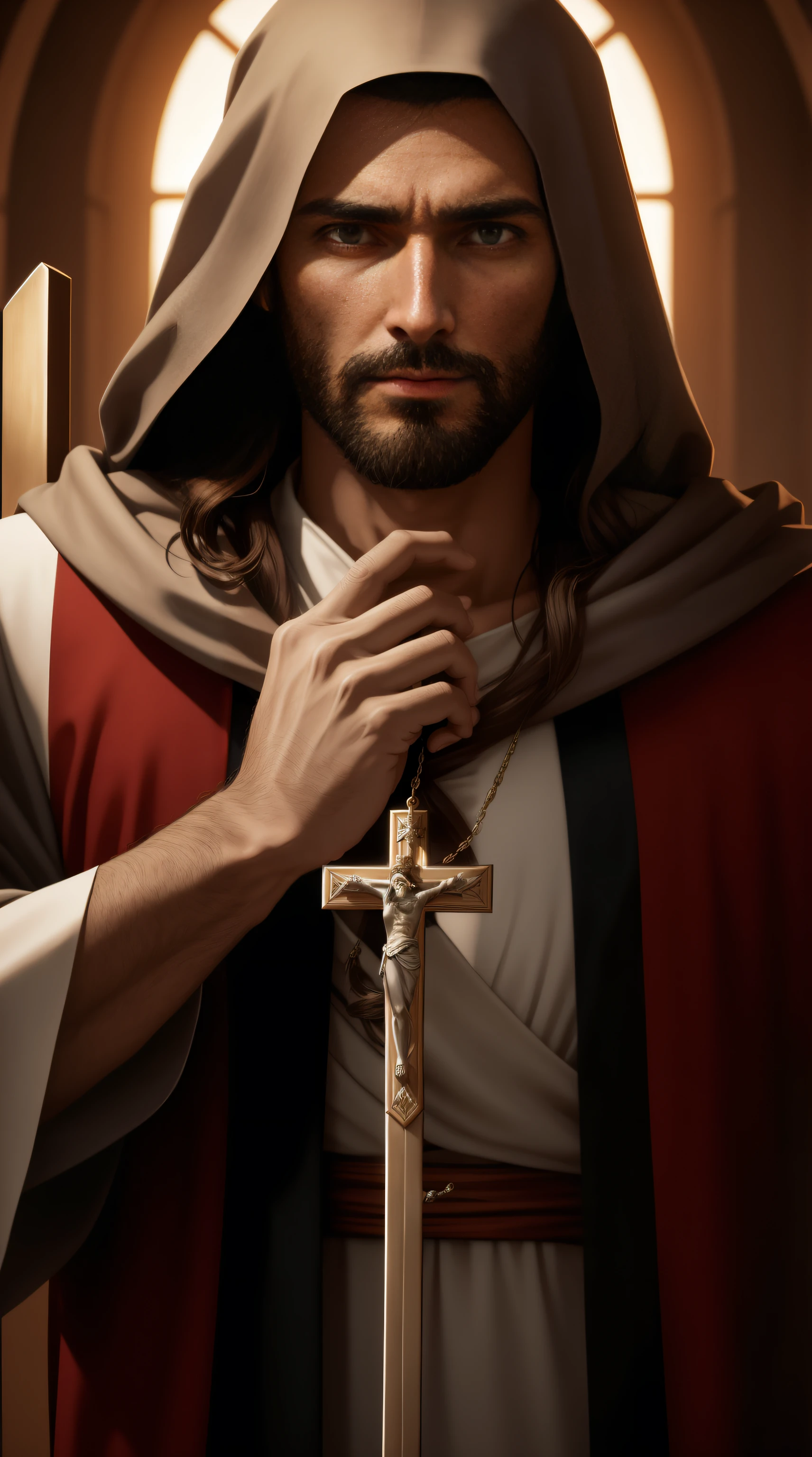 Close-up of a man holding a cross and a rosary, Jesus Christ, Portrait of Jesus Christ, dressed like jesus christ, 《Mass effect》in Jesus Christ, king of kings, Jesus of Nazareth, Jesus Christ blunt instrument, Cyberpunk Jesus Christ, Jesus wasted at the meeting, jesus face, author:Roman Bezpalkiv, the lord and savior, Jesus - aout