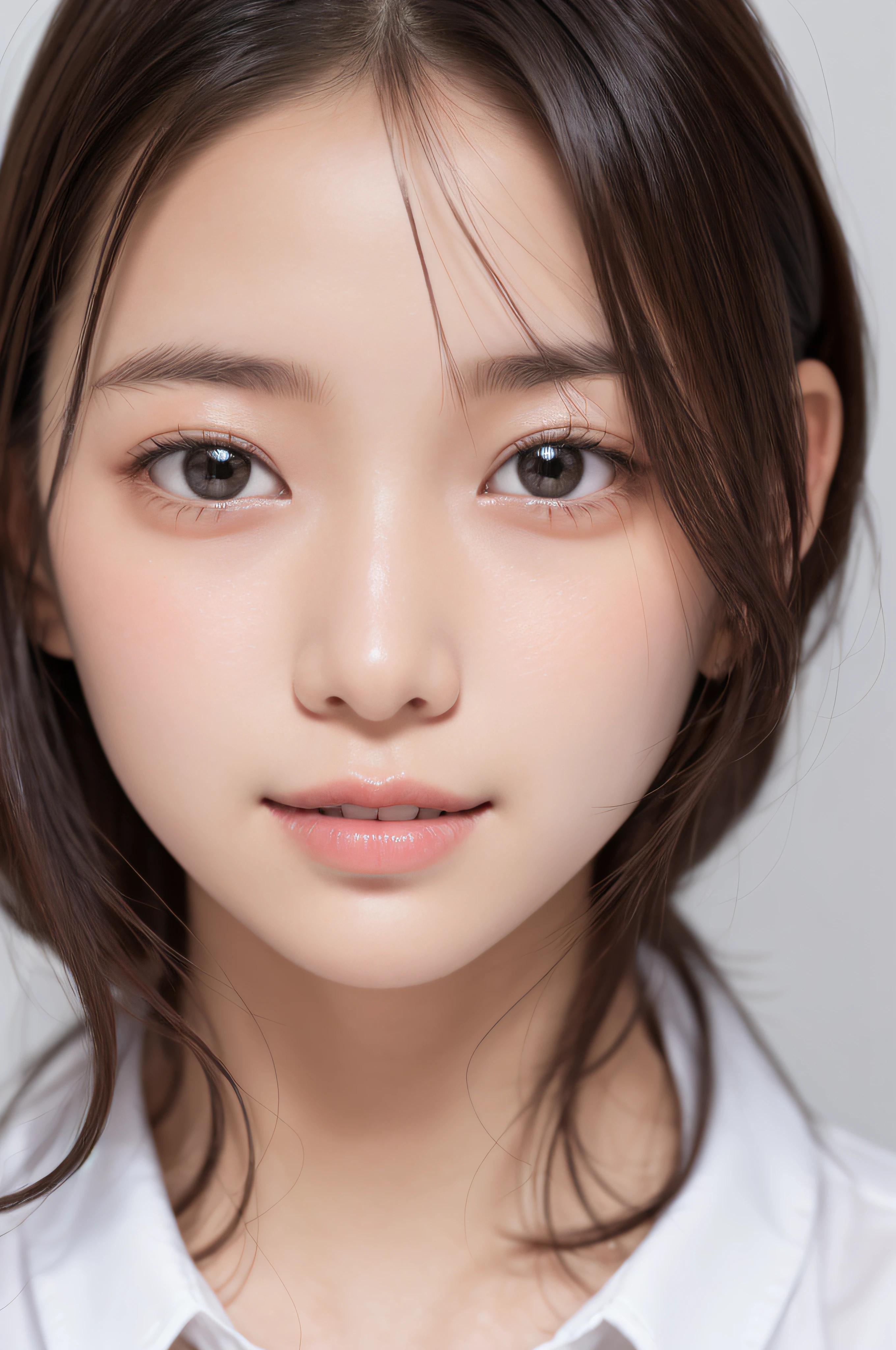 Bright pink background、top-quality、超A high resolution、Beautie、cute little、独奏、A Japanese Lady。15yo student、hi-school girl、a smile。Beautiful young woman model。bright expression、photorealisim、Extraordinary beautiful girl、beautiful countenance、(pureerosface)、Glowing white shiny skin、Light brown straight hair、finer hair、Attractive beautiful brown eyes、Double eyelids、small tits、fashionGirl。Wears a white shirt。Close-up portrait。Healthy face。Skin Care Cosmetics、profetional lighting。
