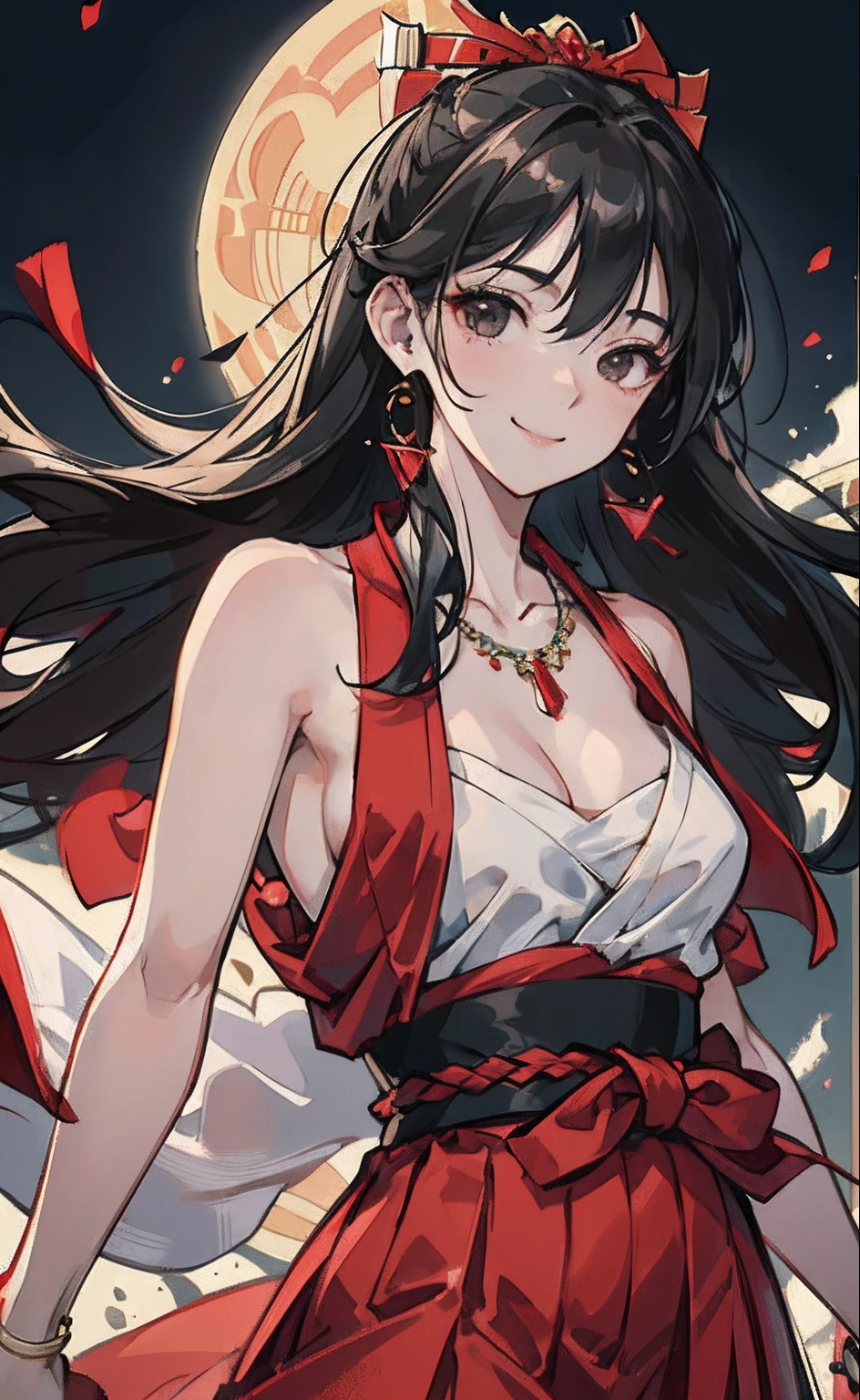 Sexy teenager,tits out:1.8,Upper body naked, Hair Accessories and Necklaces,8K分辨率,top-quality,hyper HD,extreme hight detail,ancient environment,the night,Top Design,Red Hakama,Dynamic lens,Texture,Ancient wind,A smile,dance, Black eyes, A dark-haired, kindly smile