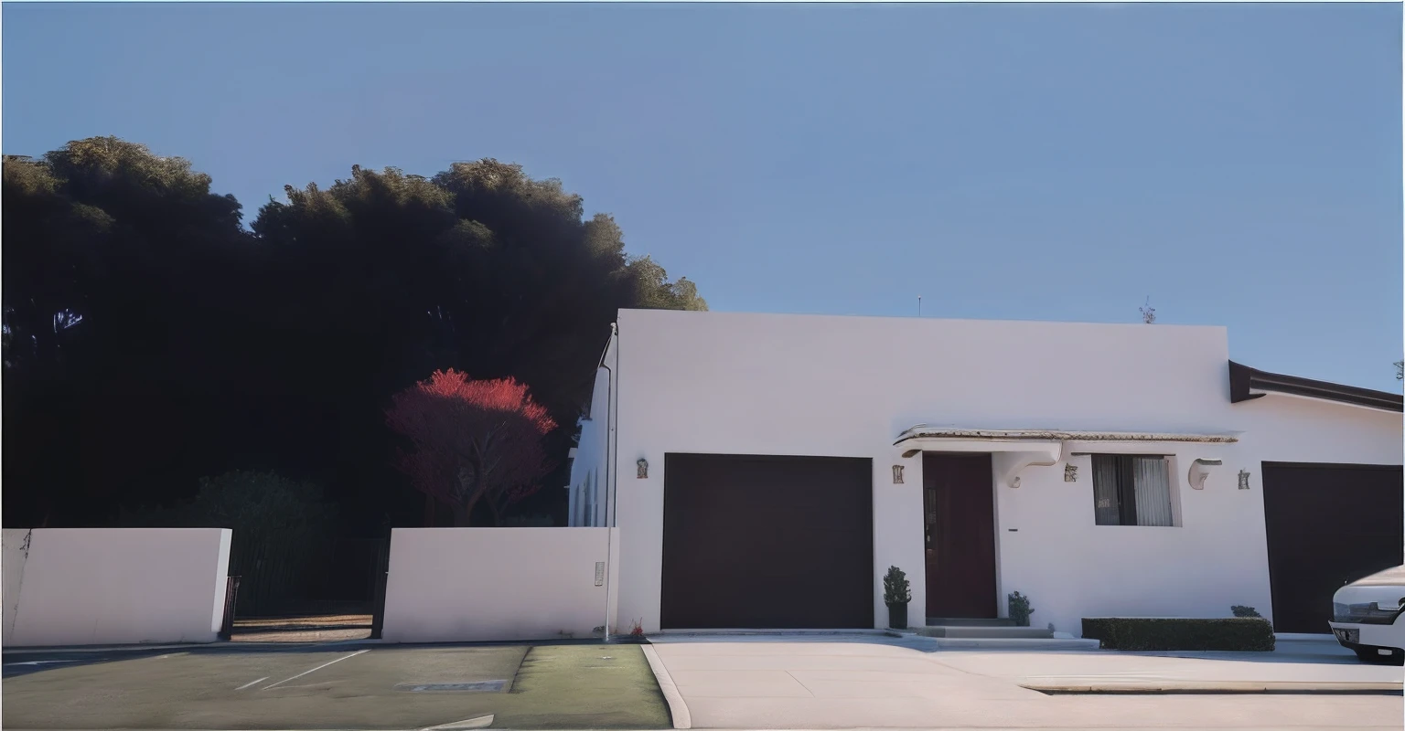 There is a white house with a red tree in the front yard, ((gta 5 casa screenshot)), [ Fotorrealismo 4K ], realista estabelecendo tiro, semi-realistic rendering, renderizado no enscape, em estilo de realismo simplificado, [ Fotorrealismo 4K ]!!, captura de tela fotorrealista, cena hiper detalhada, Fotorrealismo 4K, Fotorrealismo 4K