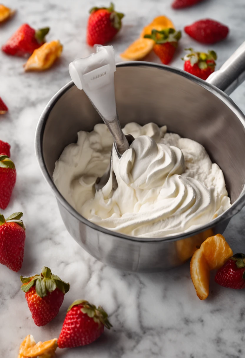 A close-up of a hand-held mixer with a bowl of fluffy whipped cream.