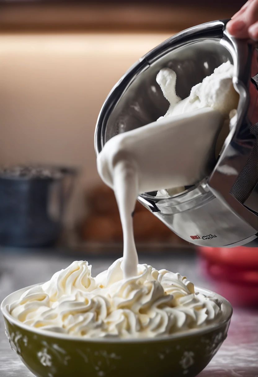 A close-up of a hand-held mixer with a bowl of fluffy whipped cream.
