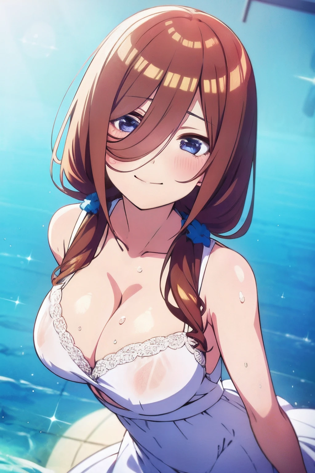 Miku Nakano、2D、quadratic element、Anime characters、Anime-style style、top-quality、An ultra-high picture quality、18Old Beautiful Girl、1a person、Sexy Full 、Erotic pink 、white gown、soaked、Large drops、Eyes with beautiful highlights、wet pussy、