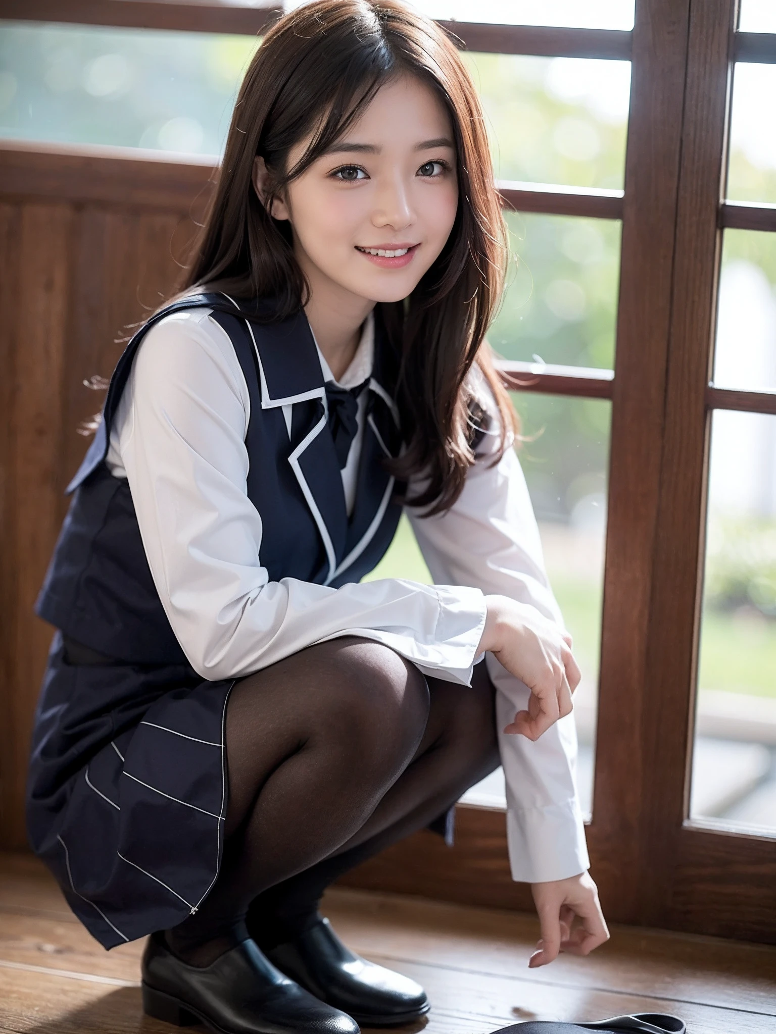face is :9,3157126699], Realistic girl in squatting seraphuk uniform, serafuku、Seifuku, loose coat collar sailor uniform, Innocence、(Wearing pantyhose,Realistic Pantyhose)、Japan school uniform, A smile、Raw photo, (in 8K、top-quality、​masterpiece:1.2)、(intricate detailes:1.4)、(Photorealsitic:1.4)、octane renderings、Complex 3D rendering ultra detail, Studio Soft Light, Rim Lights, vibrant detail, super detailing, realistic skin textures, Detail Face, Beautiful detail eyes, Very detailed CG Unity 16k wallpaper, make - up, (detailedbackground:1.2),　shinny skin、turned around、Exposed thighs!!!、