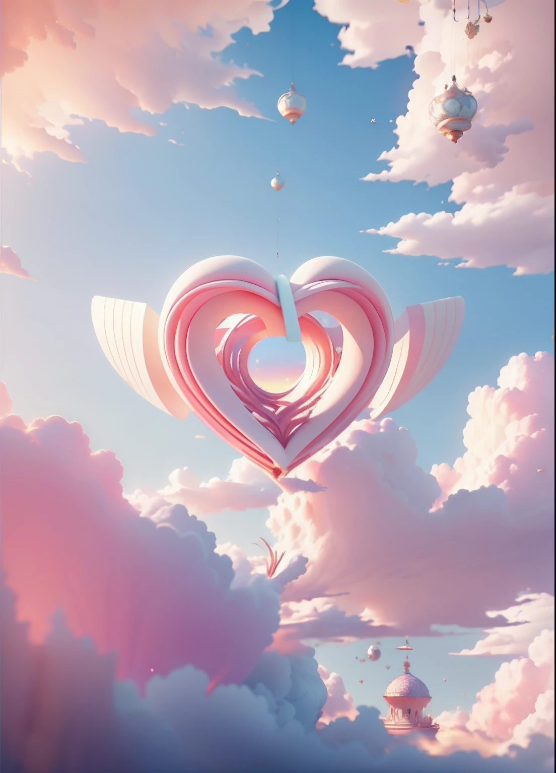 Masterpiece,Pink hearts,((Thousand pure glass,Shine:1.2,(Transparent:1.3),The sheen)),Best quality;(pixar-style:1.4),(Sea of Clouds,At sunrise,The Kingdom of Zhou was surrounded by clouds of fire,rainbowing,Flying birds,Paper airplanes)(Ultra detailed,Aesthetic,Beautiful composition is rich,vivd colour,volumetric soft light)4K,Reflections in the sun,《inverted image》Inspired by:《alice in the wonderland》,magic,Fairy tales,illusory engine,rendering by octane,cuteness render,a 3D render,Adobe Photoshop,Awesome beauty