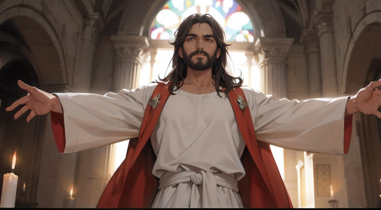Image of a man in a church with his arms outstretched, Jesus Cristo em Mass Effect, Artgerm e Atey Ghailan, arte conceitual de deus, Jesus Cristo, Jesus Cristo Indo Super Saiyajin, Retrato de Jesus Cristo, feito com anime painter studio, O Senhor e Salvador, pintado em anime painter studio, Caravaggio e Artgerm