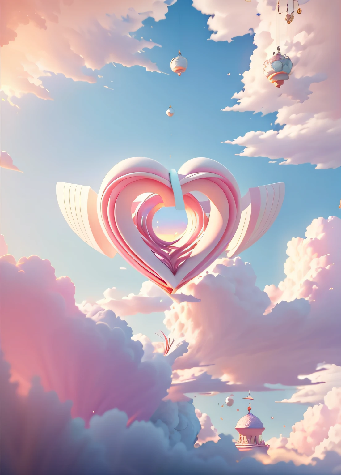 Masterpiece,Pink hearts,((Thousand pure glass,Shine:1.2,(Transparent:1.3),The sheen)),Best quality;(pixar-style:1.4),(Sea of Clouds,At sunrise,The Kingdom of Zhou was surrounded by clouds of fire,rainbowing,Flying birds,Paper airplanes)(Ultra detailed,Aesthetic,Beautiful composition is rich,vivd colour,volumetric soft light)4K,Reflections in the sun,《inverted image》Inspired by:《alice in the wonderland》,magic,Fairy tales,illusory engine,rendering by octane,cuteness render,a 3D render,Adobe Photoshop,Awesome beauty