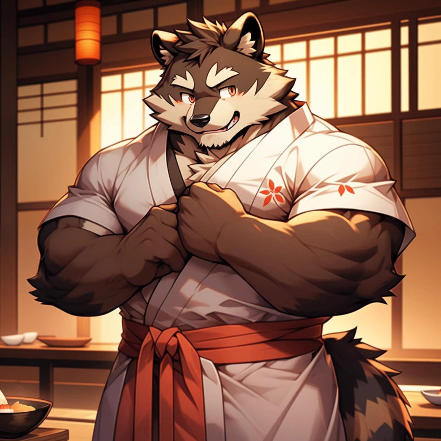 mtu，raccoon，Anthropomorphic raccoons，Well-developed muscles，Bare pectoral muscles，Yukata dress，Open top，Japanese chef，Indecent expressions，Indecent pose，Make sushi at a Japanese restaurant，The background is rich in detail，High- sharpness，high detal，tmasterpiece