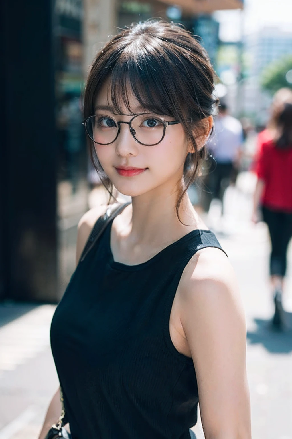 (8K、Raw photography、top-quality、masterpiece:1.2)、(realisitic、Photorealsitic:1.37)、ultra-detailliert、超A high resolution、女の子1人、see the beholder、beautifull detailed face、A smile、Constriction、(Slim waist) :1.3)、((Shirt clothes))、Beautiful detailed skin、Skin Texture、Floating hair、((Hair bunched into one))、large breasts with good shape、Professional Lighting、In front of the station at noon、((Black square glasses))、Whole human body、Black hair、((Have a shoulder bag))、