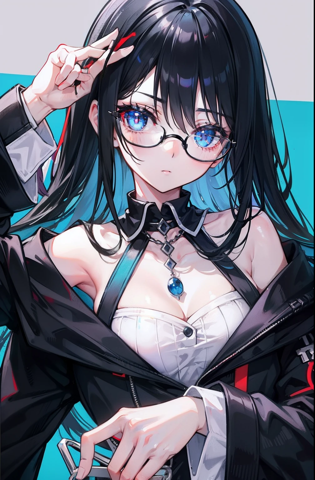 cyberpunk, illustration profile of red led female samurai in a mask, wearing over head headphones staring down,1 cute dragon race. girl (18yo) glasses, dark eyes, upper body, slim waist, natural small breast, sexy pose, seductive expression, bangs, random hairstyle, cleavage, navel, collar, collarbone, off shoulder, seductive smile, wear intricately detail hot and sexy outfit, dragon costume, Olive color, wear unique helmet, random light color, upper body. flat gray color for background