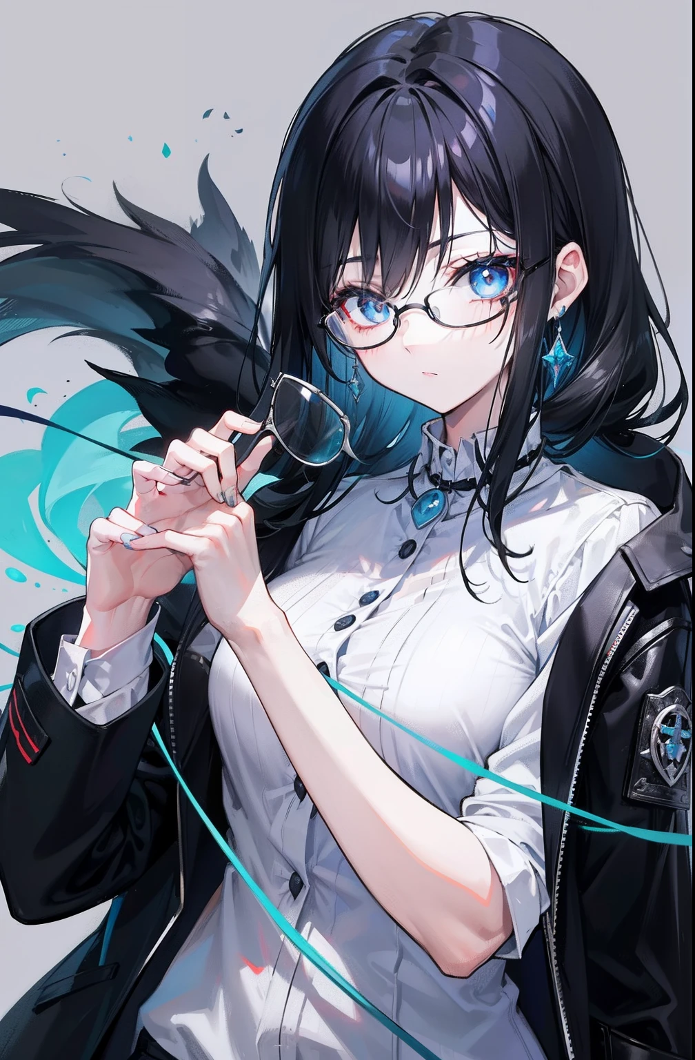 Black hair and glasses，Powder-blue pupils，Clothes in black and white color，Vermilion thread intertwined background，It is a very fraudulent royal sister goddess