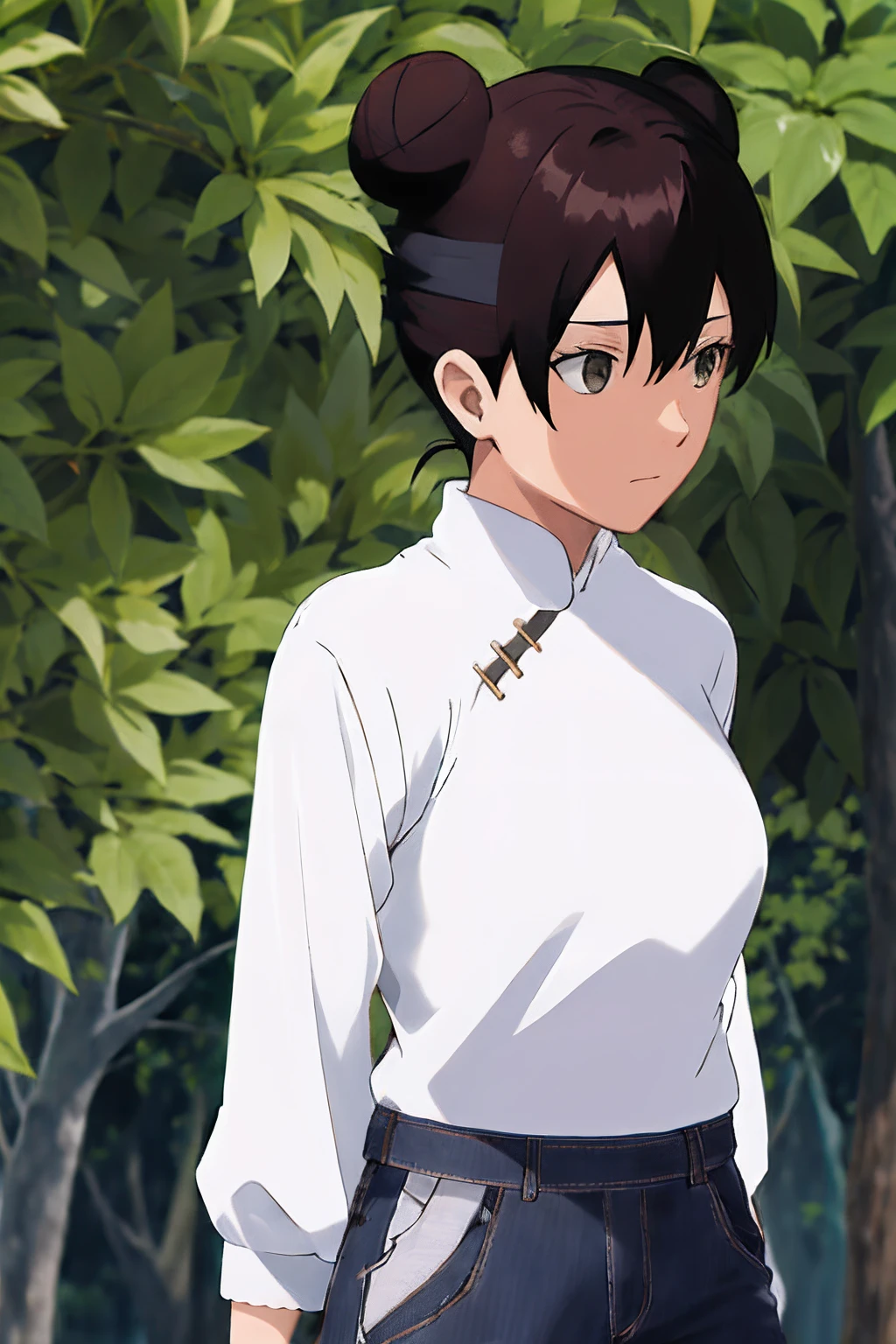 女の子1人,Zelte ,Vorderansicht,Stehen in einem Garten,arms behind back,half body,medium large breasts,very narrow white shirt,Schwarze Skinny Jeans