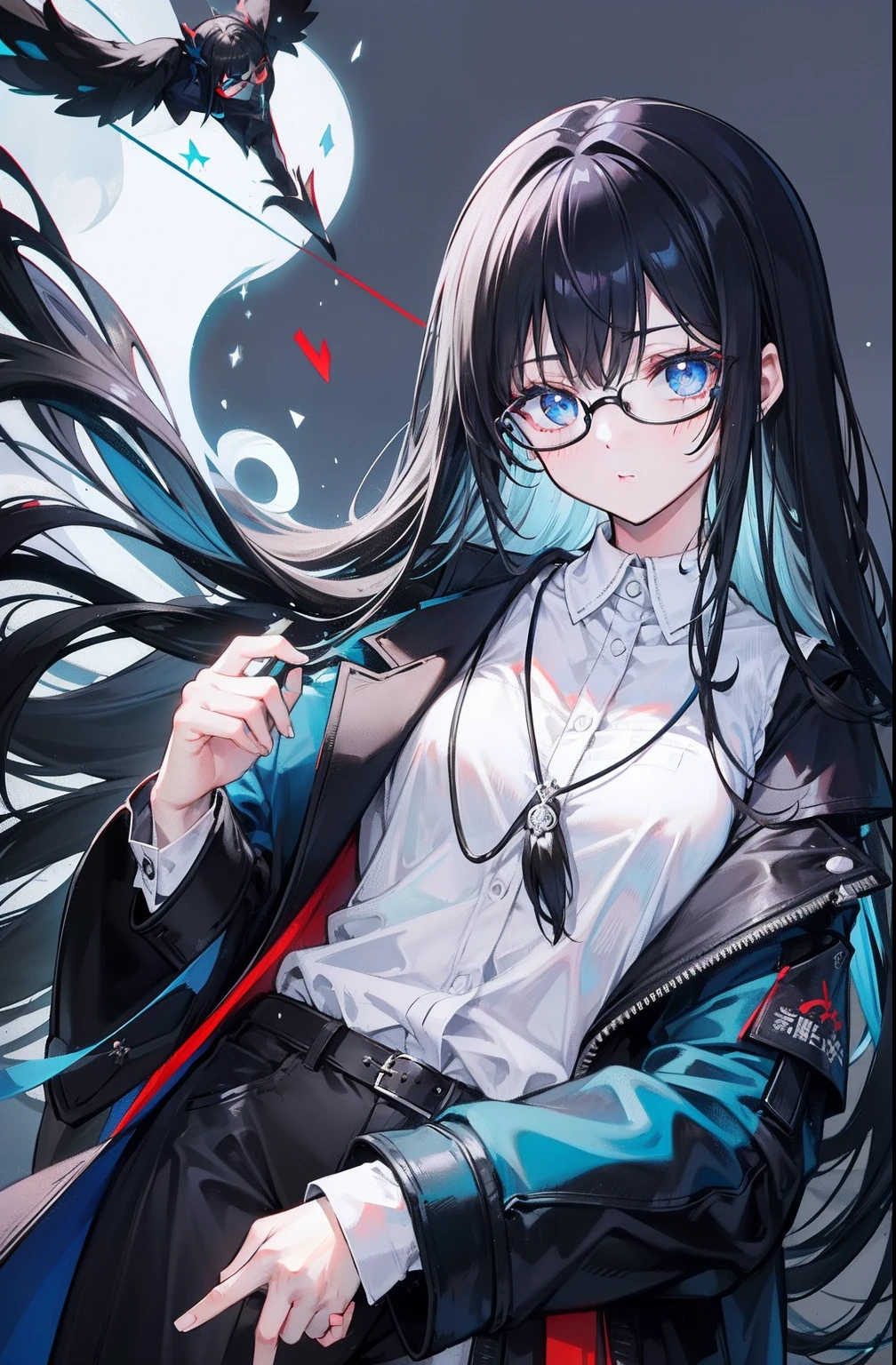 Black hair and glasses，Powder-blue pupils，Clothes in black and white color，Vermilion thread intertwined background，It is a very fraudulent royal sister goddess