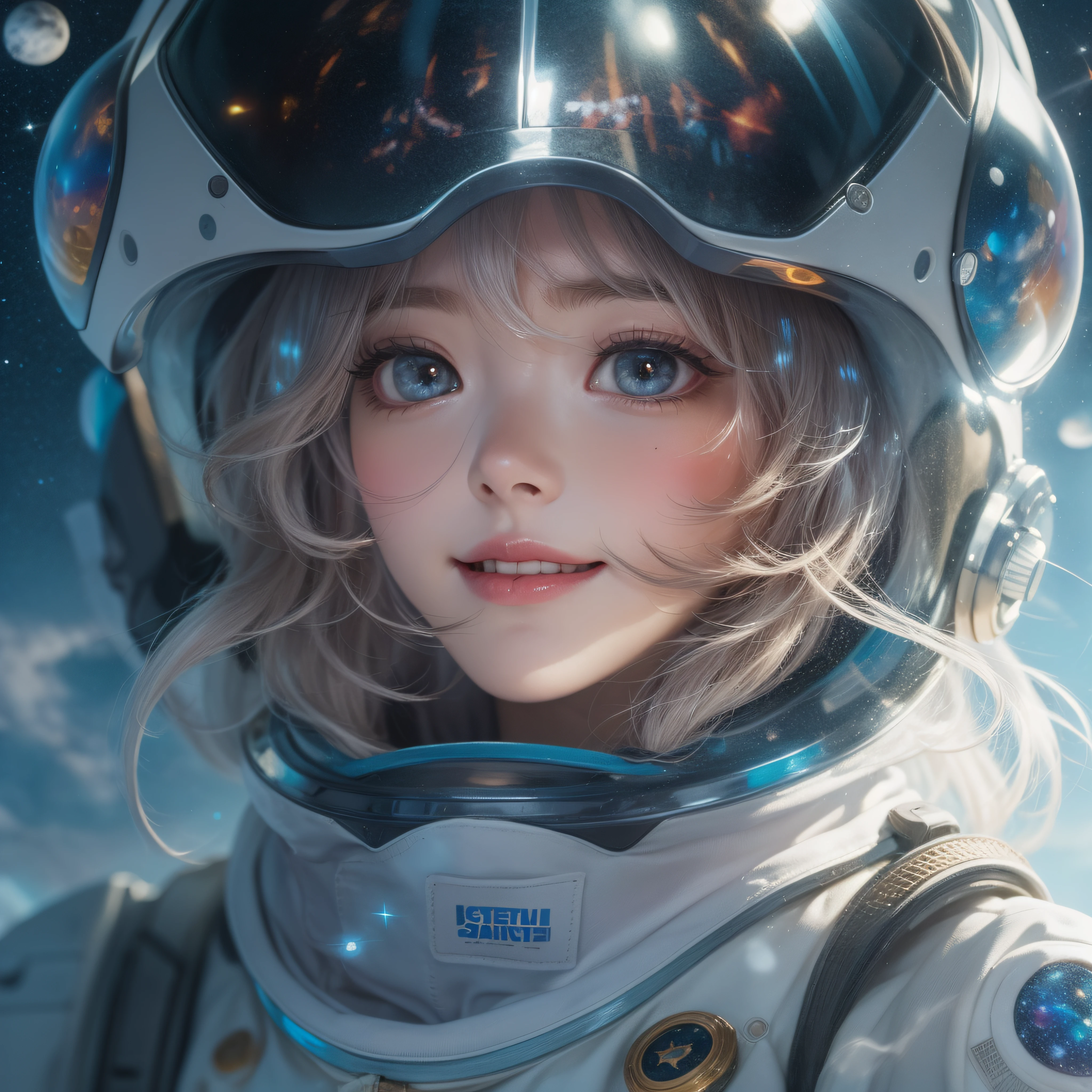 Wearing a full-face helmet、Wearing a full-face helmet、Close up of smiling face with open mouth、(realisitic、hight resolution)、(1 girl in)、Do-Up Eye、Korean Girl、(Best Quality), (masutepiece), (1girl in), Solo, a beauty girl, Perfect face, Big Breast,dreamlikeart、Highly detailed airbrush art((Surreal))、Volumetric lighting、(top-quality)、The ultra-detailliert、(The composition of the movement:1.4)、Highly detailed colorful details、(Bright lighting)、dynamic compositions、Ray traching、The mirror reflects light、Shallow depth of field、ultra-detailliert、mixing  exposure、nffsw、In that beautiful outer space、There are dark blue galaxies and purple galaxies、stele々Shines。The Earth Appears Far、Sunlight blends into the surrounding universe。Wearing a full-face helmet、Girl in white laser spacesuit、The spacesuit has a novel white design.、stele々Reflection of glitter。Her eyes were like shining stars.、Gaze at distant galaxies and planets。Outer space enveloped in silence.、Because there is no gravity or atmosphere around the girl、She can flap freely in the air。Her smile is full of the vastness and enigmatic beauty of the universe.、This fantasy scene is、Inspire endless possibilities and adventure。