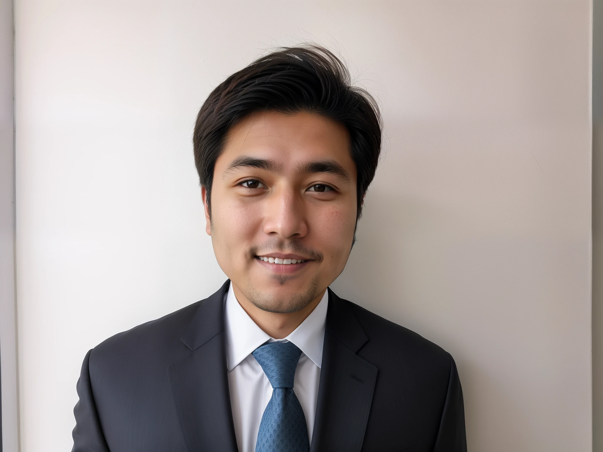 japanes、Man in suit and tie standing in front of wall, A smile、No beard、