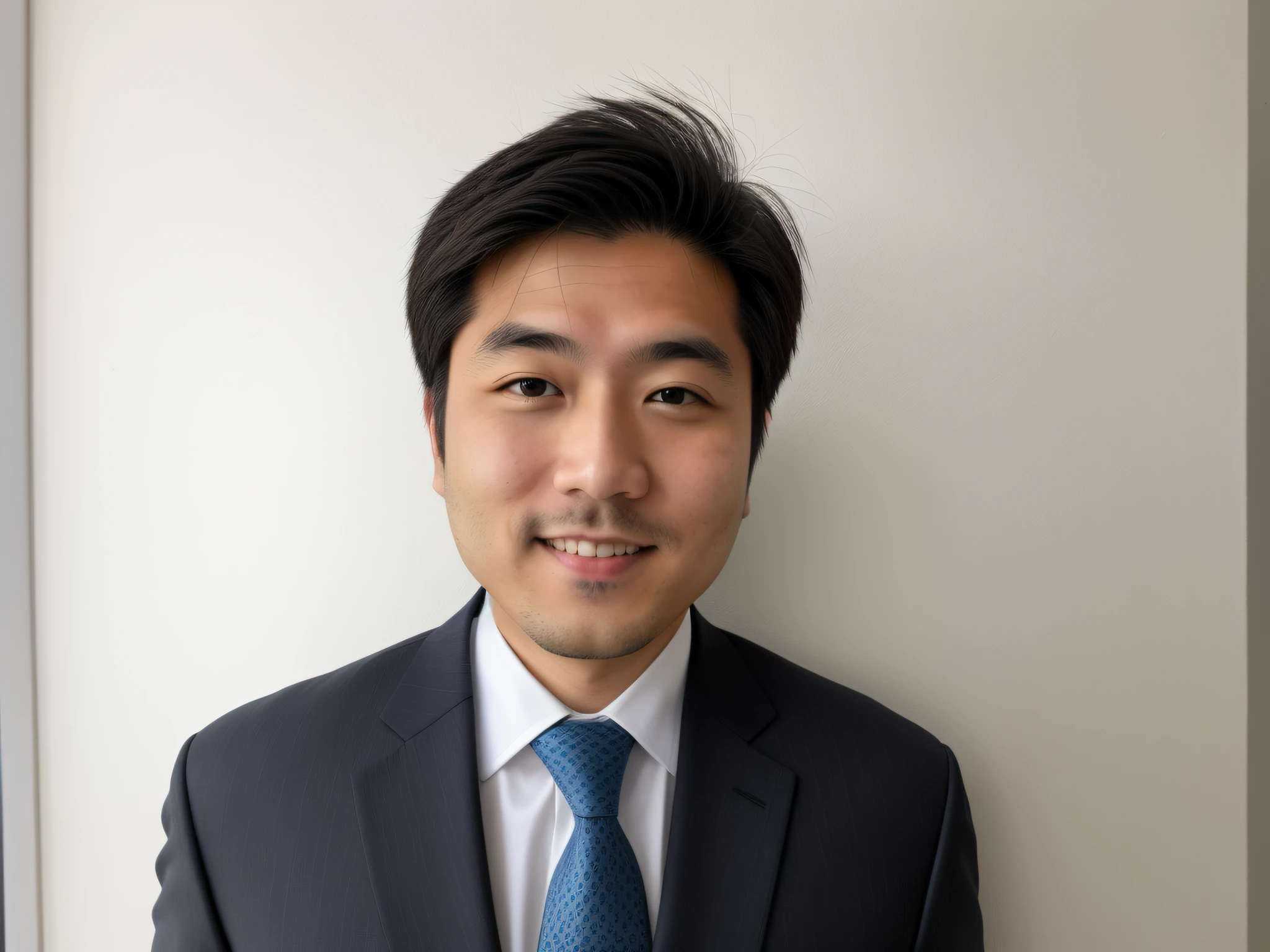 japanes、Man in suit and tie standing in front of wall, A smile、No beard、