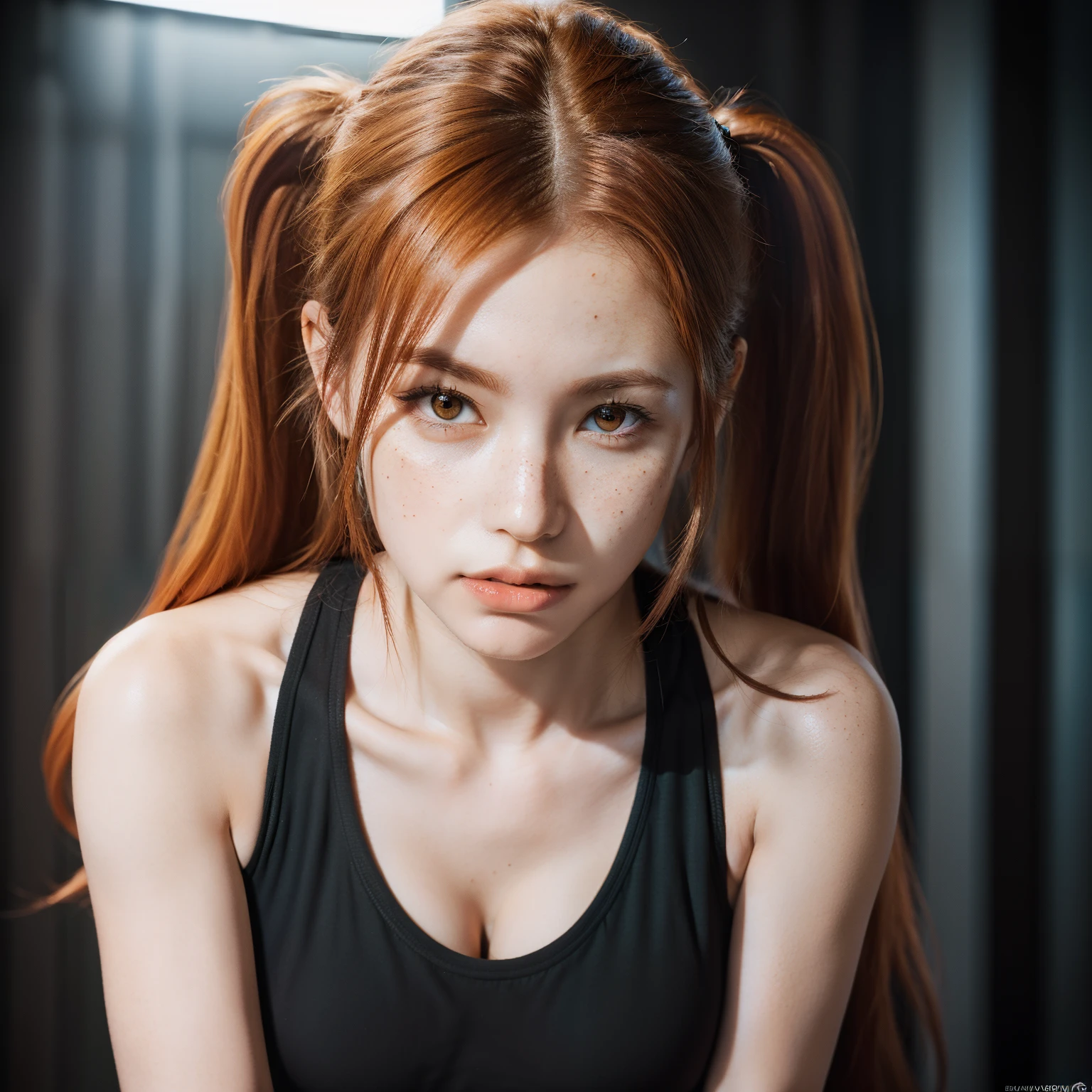 (8k, RAW photo, highest quality),(epic realistic:1.5), a girl, dynamic posture,erotic face, tank top,(detailed eyes:0.8),(looking at the camera:1.4), (highest quality), (best shadow),intricate details,cinematic,((skin:1.4)),interior, (long ponytail ginger hair:1.3),dark studio,(hdr:1.5),detailed, muted colors, freckles