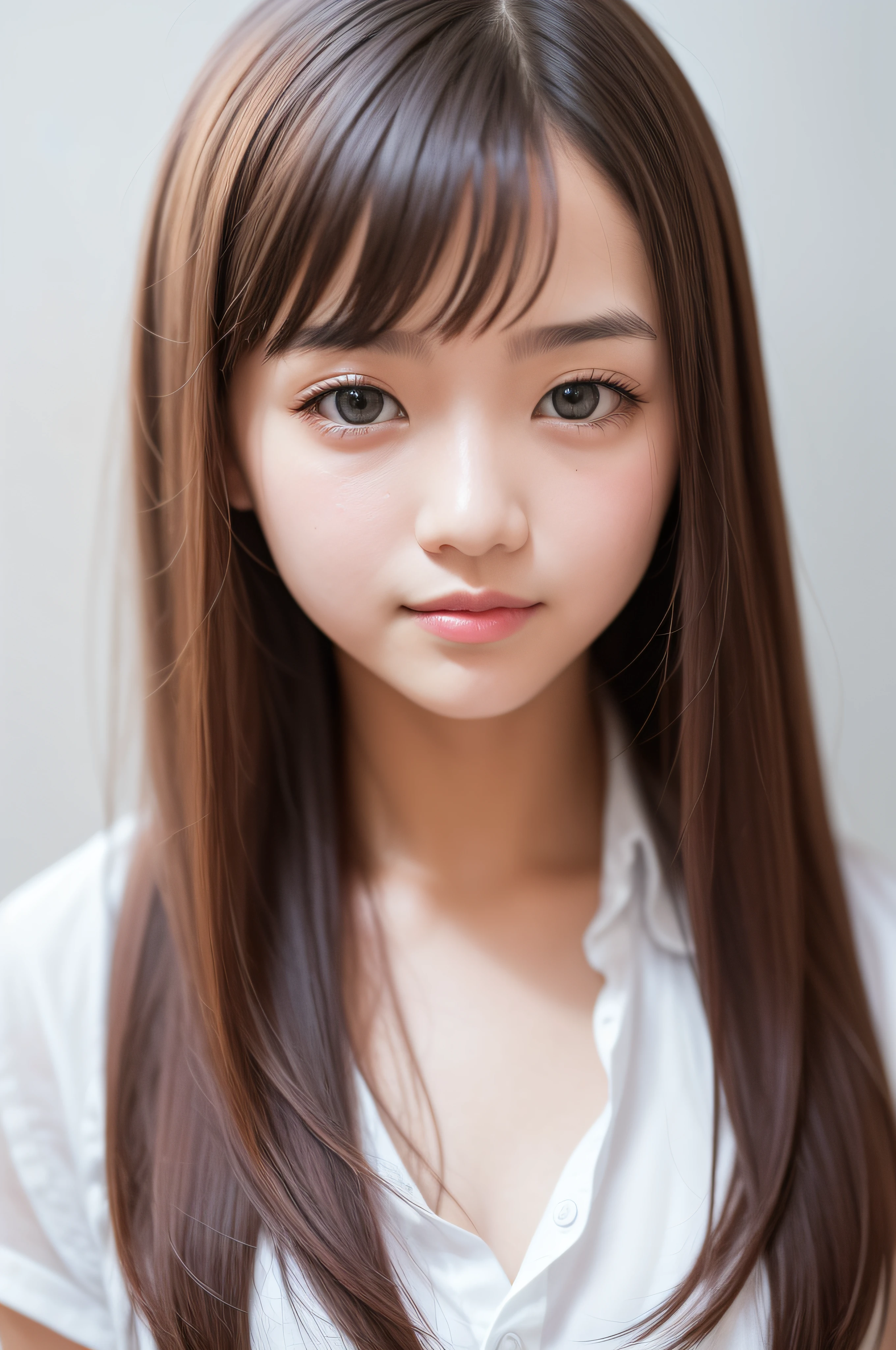 White background、blurry backround, top-quality、超A high resolution、Beautie、cute little、独奏、A Japanese Lady。、hi-school girl、a smile。Beautiful young woman model。bright expression、photorealisim、Extraordinary beautiful girl、beautiful countenance、(pureerosface)、Glowing white shiny skin、Light brown straight hair、finer hair、Attractive beautiful brown eyes、Double eyelids、small tits、fashionGirl。Wears a white shirt。Close-up portrait。Healthy face。Skin Care Cosmetics、profetional lighting。