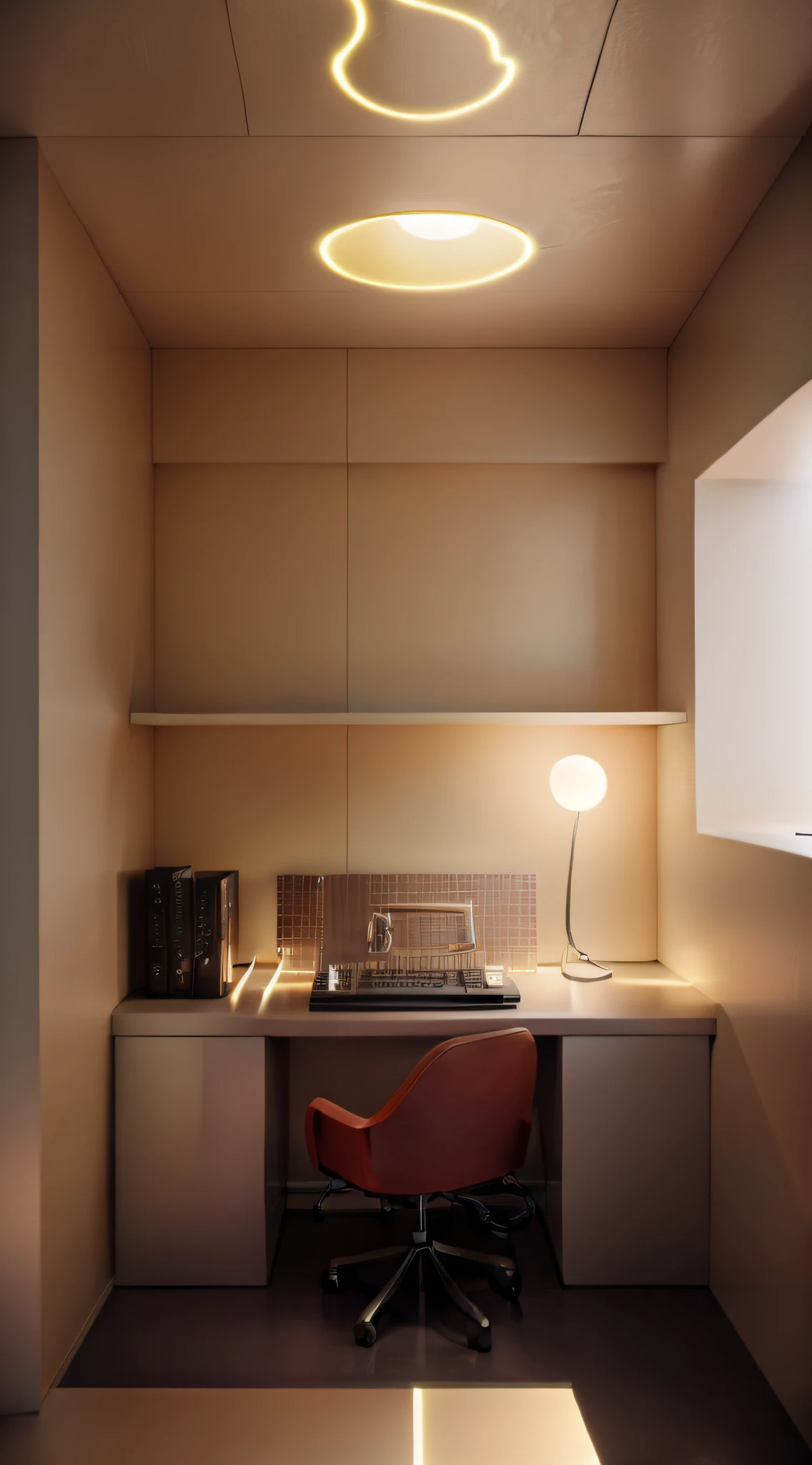 A room with technical sensing,There are light strips in the room that glow yellow,A sci-fi bunk bed,The upper bunk is accessible by stairs,There is a computer desk,Above is a set of computer equipment,There is also a gaming chair,There is a sci-fi cabinet at the door,There are yellow light strips under the cabinets and beds