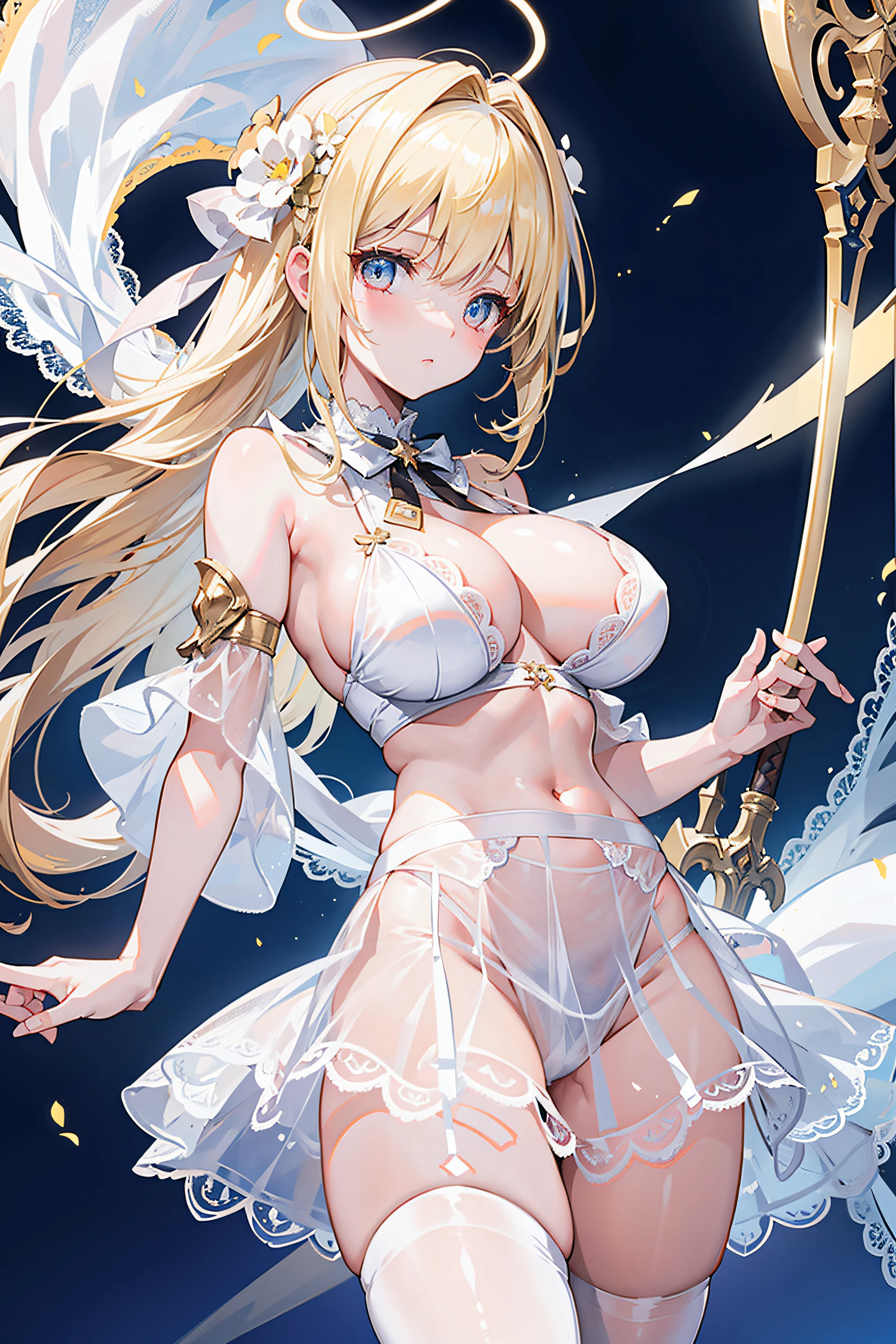 A girl with a halo on her head floats in the air showing white lace thong panties,Holding a giant sword in his hand。,huge tit,Blonde hair,Golden glowing eyes,divino,Misty,ribbon,Fog surrounds,sunny clear sky,extreme hight detail,White lace underwear,Miniskirt,exposing her chest,