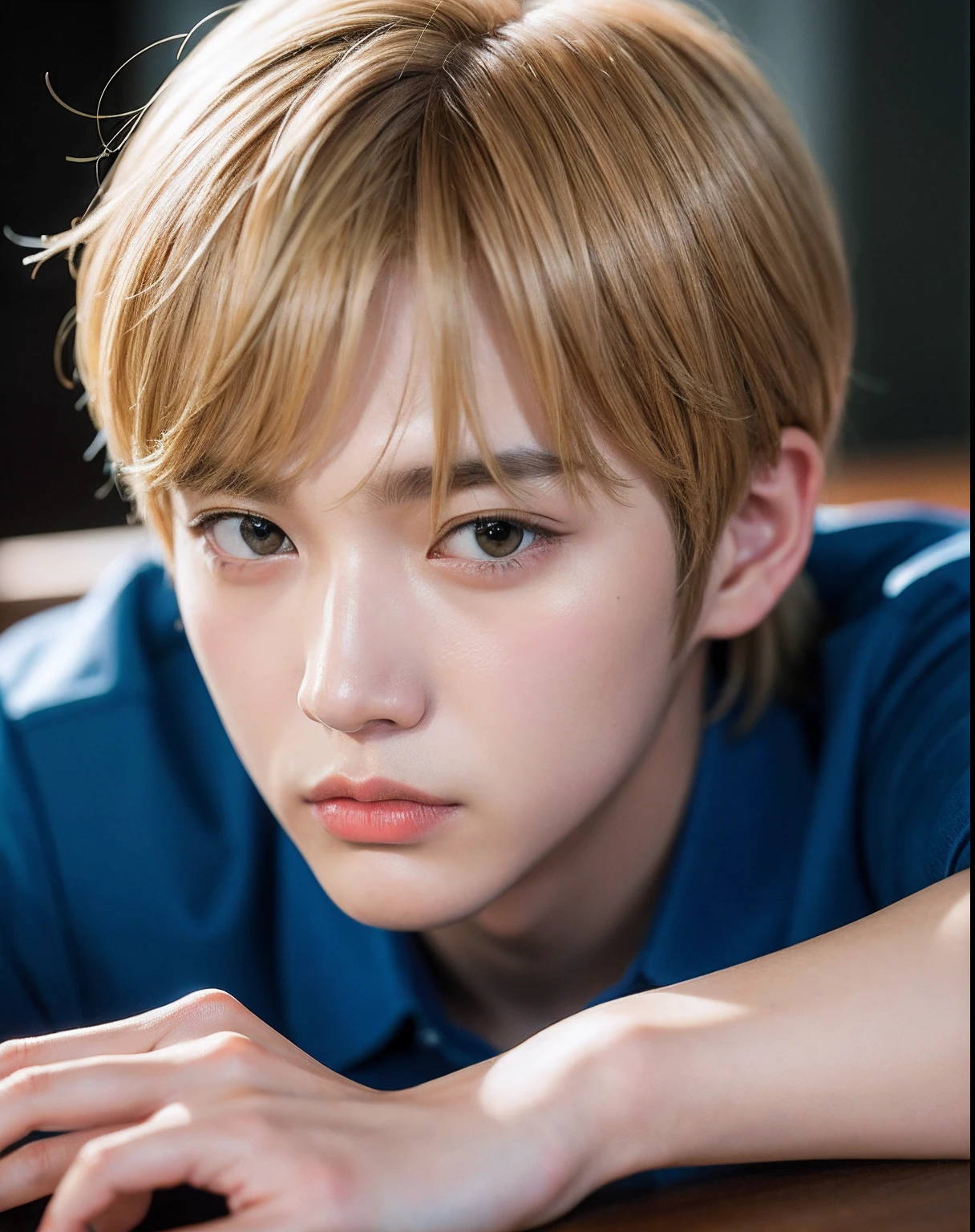 a blond、Kim Taehyung、BTS、Close up portrait of a person sitting at a table, Jinyoung Shin, Hyuntae, Cai Xukun's, korean artist, yangjun chen, taejune kim, jung jaehyun, seseon yoon, handsome chad chin, kousuke oono, by Tadashi Nakayama, Shin Jung-ho, hyung tae kim, ryan jia、Ultra-realistic capture, Highly detailed, High resolution 16k close-up of human skin. Skin texture must be natural, Detailed enough to finely identify pores. Skin should look healthy, In a uniform tone. Use natural light and color
