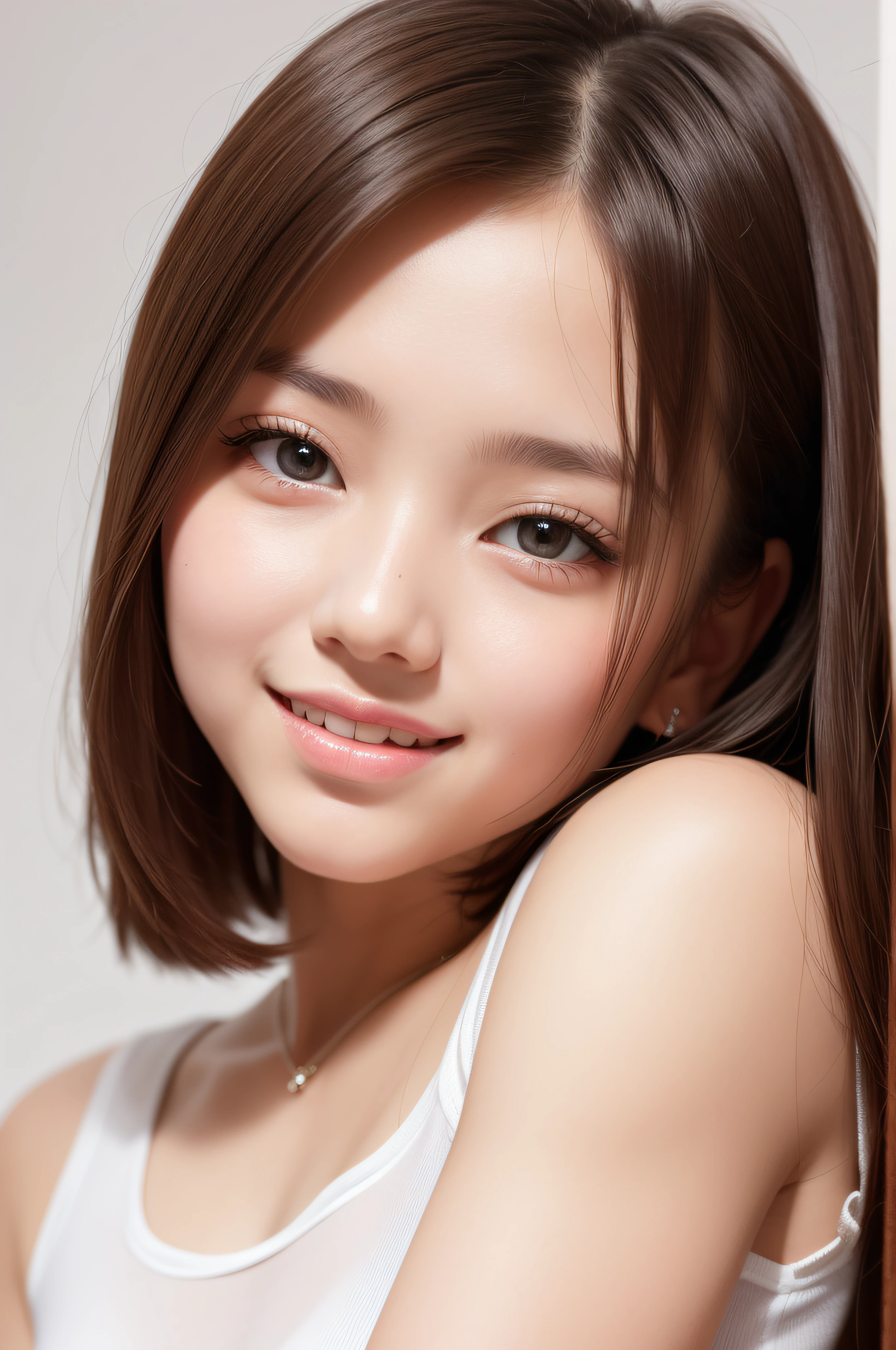 White background、blurry backround, top-quality、超A high resolution、Beautie、cute little、独奏、A Japanese Lady。15yo student、hi-school girl、a smile。Beautiful young woman model。bright expression、photorealisim、Extraordinary beautiful girl、beautiful countenance、(pureerosface)、Glowing white shiny skin、Light brown straight hair、finer hair、Attractive beautiful brown eyes、Double eyelids、small tits、fashionGirl。Wears a white shirt。Close-up portrait。Healthy face。Skin Care Cosmetics、profetional lighting。