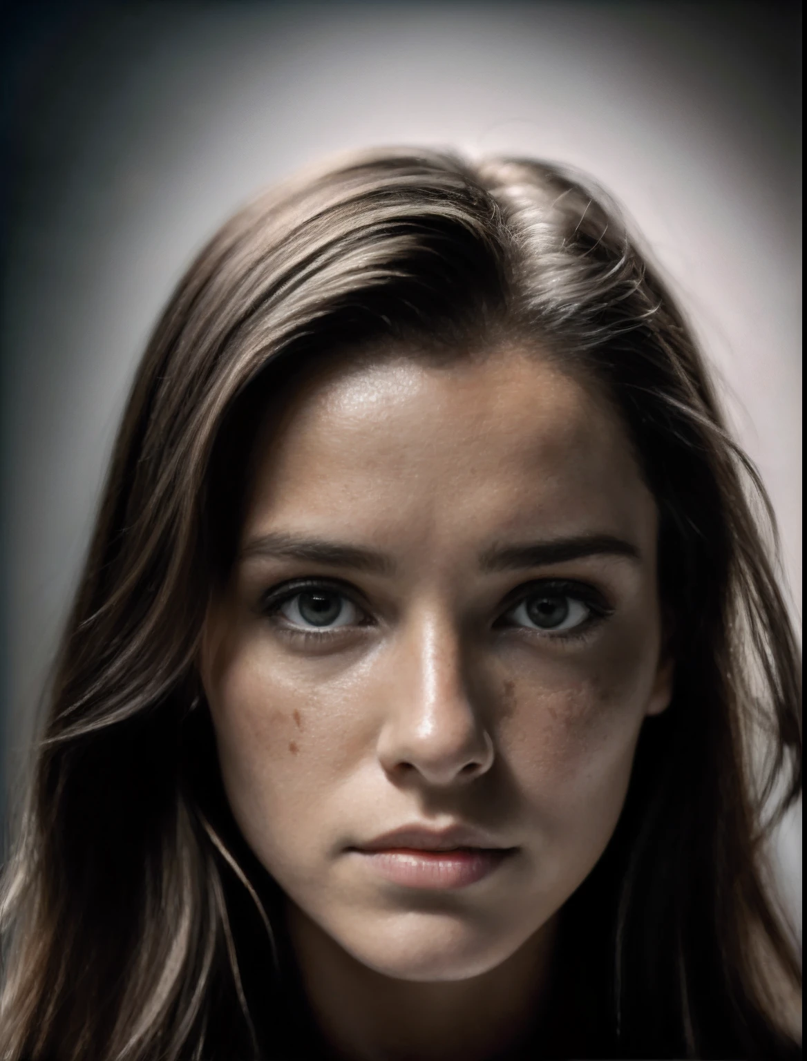 (Close-up, fotografia editorial de uma mulher de 21 anos com a pele mostrando sinais de danos,Enfatize rugas,opacidade da pele,acnes,espinhas,expression marks,Serious or worried facial expression.), (rosto altamente detalhado:1.4) (fundo dentro escuro, Moody, estudo privado:1.3) Pov, Directed by: Lee Jeffries, Nikon D850 | | |, filme fotografia de stock ,4 Kodak Portra 400 ,camera f1.6 lentes ,cores ricas ,hyper realistic ,Textura realista, dramatic lighting , cinestill 800,