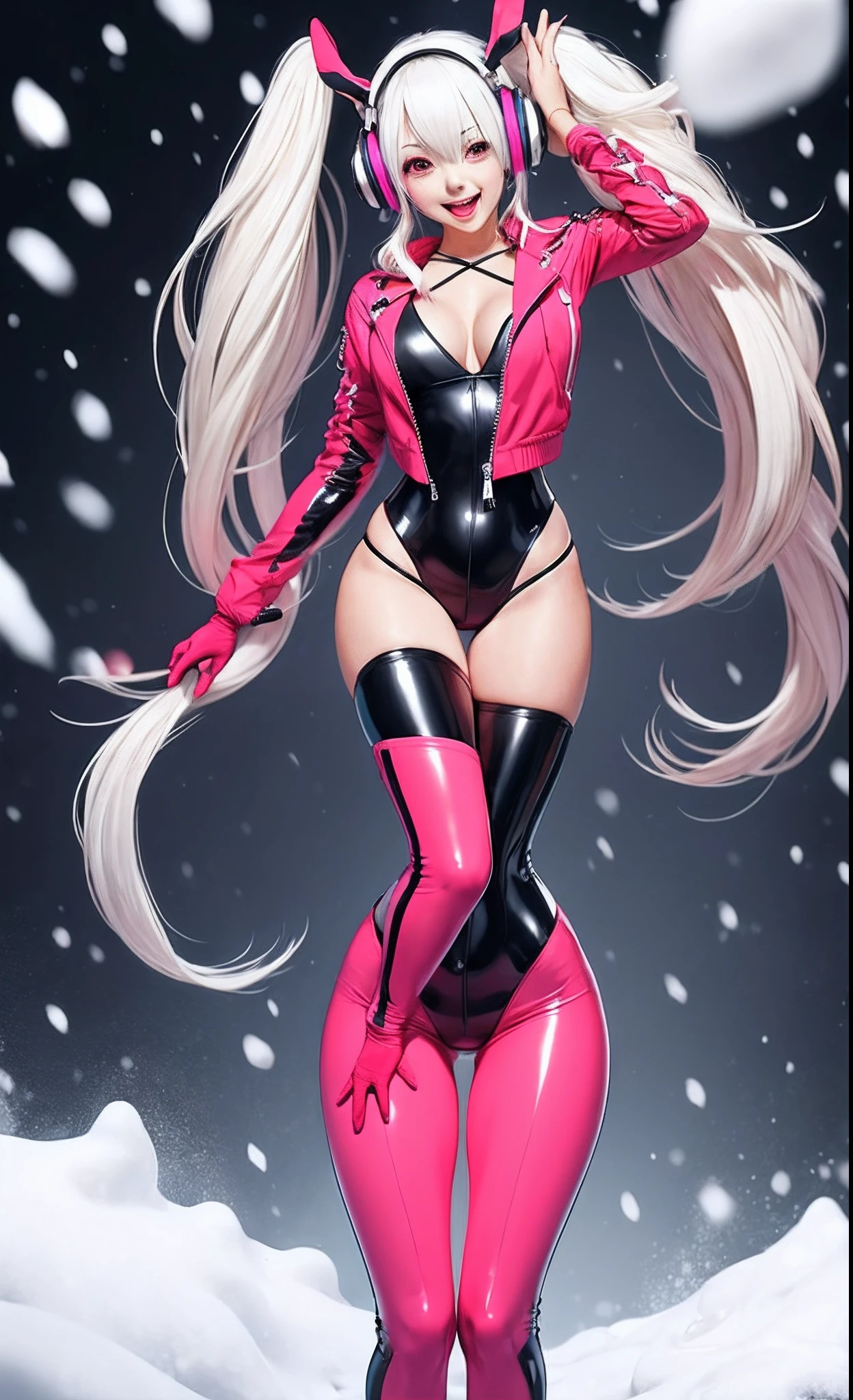 (RAW photo, best quality, masterpiece:1.2), (realistic, photo-realistic:1.4),(masterpiece:1.4),(best quality:1.4),1girl, solo, :d, animal ear headphones, animal ears, arms up, bangs, blush, bodysuit, breasts, bunny pose, clothes writing, covered navel, cowboy shot, cropped jacket, fake animal ears, gloves, outdoor,morning,snow, hair intakes, headphones, impossible bodysuit, impossible clothes, jacket, large breasts, latex, latex bodysuit, long hair, long sleeves, looking at viewer, large breasts, multicolored gloves, open mouth, pink bodysuit, pink eyes, red eyes, red jacket, shiny clothes, shrug \(clothing\), sidelocks, skin tight, smile, thigh gap, thighs, twintails, very long hair, white gloves, white hair,alice \(nikke\),(shiny skin),realistic,