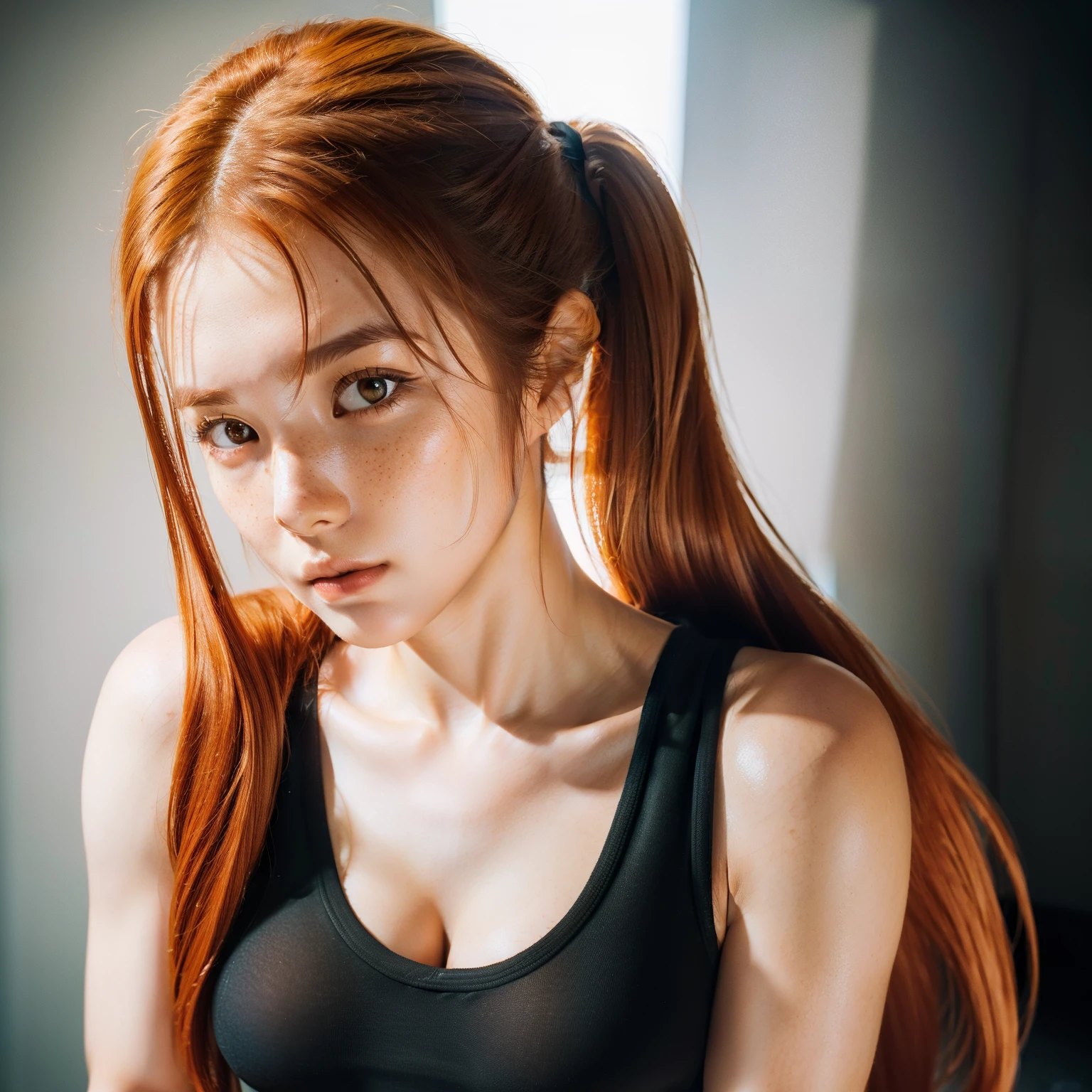 (8k, RAW photo, highest quality),(epic realistic:1.5), a girl, dynamic posture,erotic face, tank top,(detailed eyes:0.8),(looking at the camera:1.4), (highest quality), (best shadow),intricate details,cinematic,((skin:1.4)),interior, (long ponytail ginger hair:1.3),dark studio,(hdr:1.5),detailed, muted colors, freckles