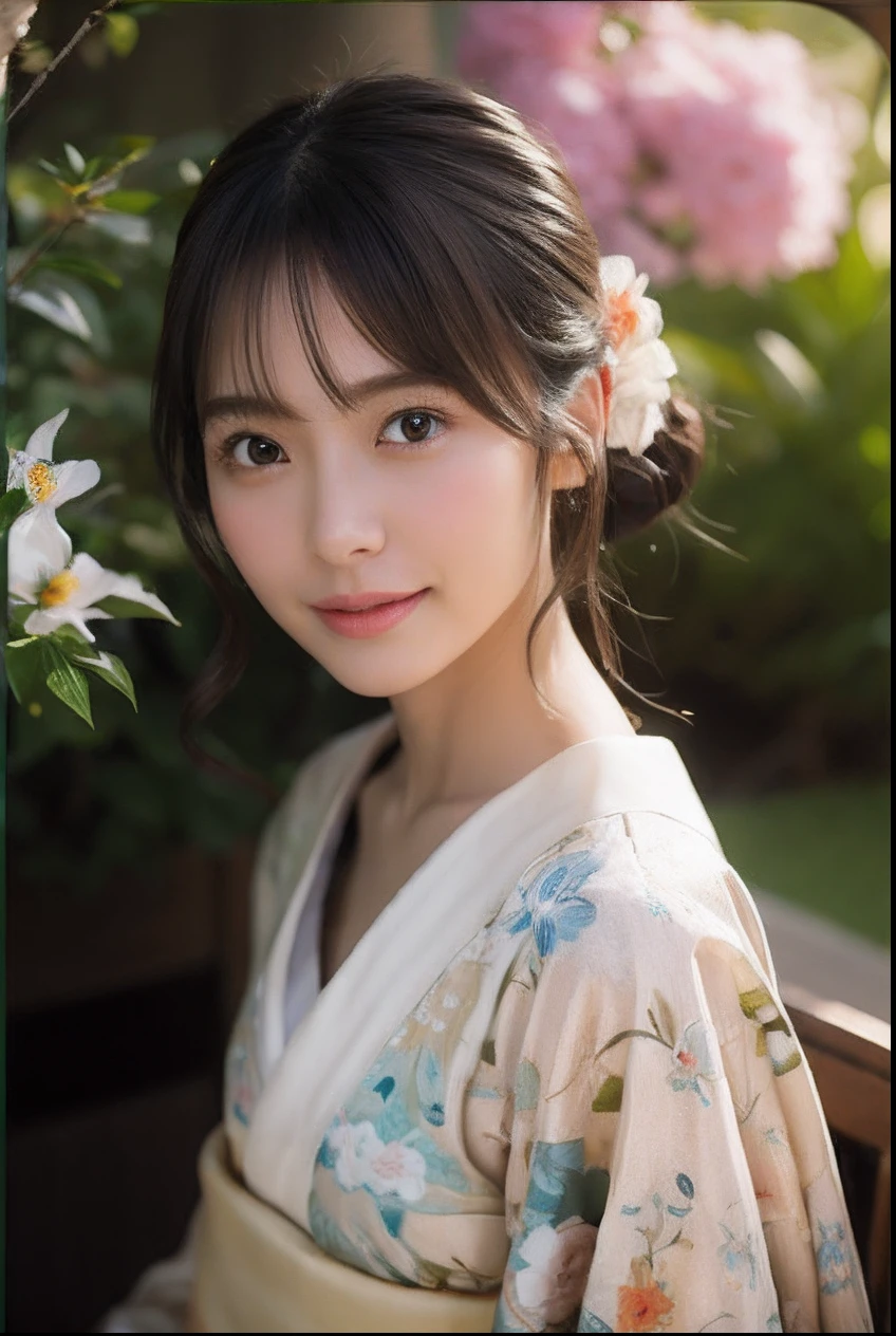 (Photorealsitic:1.4), (Top image quality:1.0), (超A high resolution:1.0), 8K、Japanese 0.1 : Korean 0.1 : Taiwan 0.3 、Raw photography, (masterpiece:0.2), (pureerosface_Right and left eyes or the same size、v1:0.5)、(Best Quality Detail:1.2)、realisitic、8K UHD、hight resolution、(1girl in:1.2)、The ultra-detailliert、High quality textures、intricate detailes、detaileds、Very detailed CG、High quality shadows、Detail Beautiful delicate face、Detail Beautiful delicate eyes、depth of fields、Ray traching,1girl in, Cute, red kimono, Kimono with Japanese pattern,Floral scrunchie, Beautiful skin, Facing the front,Sit down, Sit upright and say thank you,Align your hands elegantly,Smile faintly The Land of Japan,Japanese garden,Luxury Japanese-style room, skyporn, Magic Hour, (Realistic:1.3), Finely detailed, quality, (masutepiece:1.2), (Photorealistic:1.2), (Best Quality), (Intricate details),