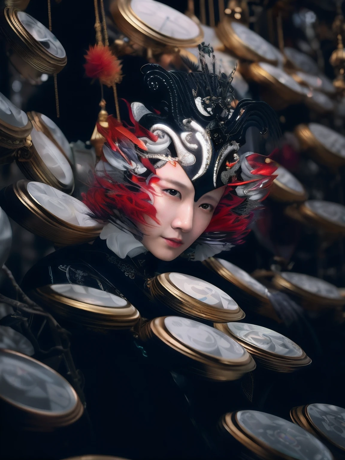 There was a woman with a mask and a lot of clocks, art nouveau octane render, Zhang Jingna, takato yomamoto. 4 k'', affable , wenjun lin, inspired by Li Mei-shu, Vespertin, Palatial and threatening faces, portrait of a cyborg queen, inspired by Hedi Xandt, xianxia fantasy