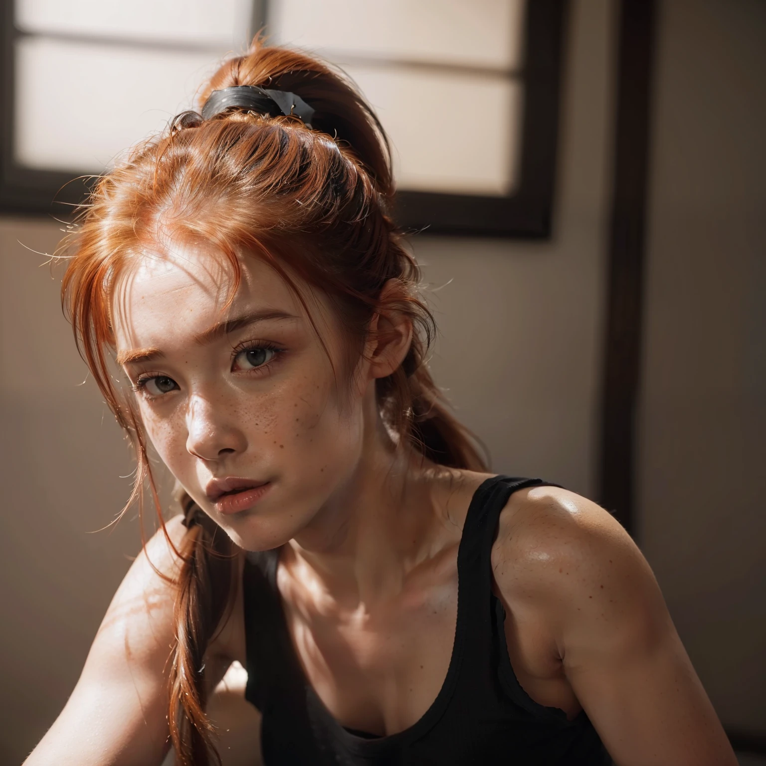 (8k, RAW photo, highest quality),(epic realistic:1.5), a girl, dynamic posture,erotic face, tank top,(detailed eyes:0.8),(looking at the camera:1.4), (highest quality), (best shadow),intricate details,cinematic,((skin:1.4)),interior, (long ponytail ginger hair:1.3),dark studio,(hdr:1.5),detailed, muted colors, freckles