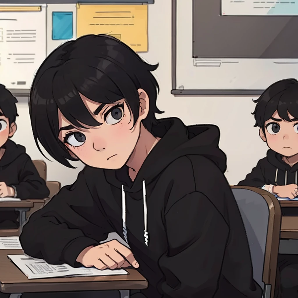 best qualityer,One was wearing a black sweatshirt,Boy with short black hair,bored expressions,Sharp eyes,in class room,