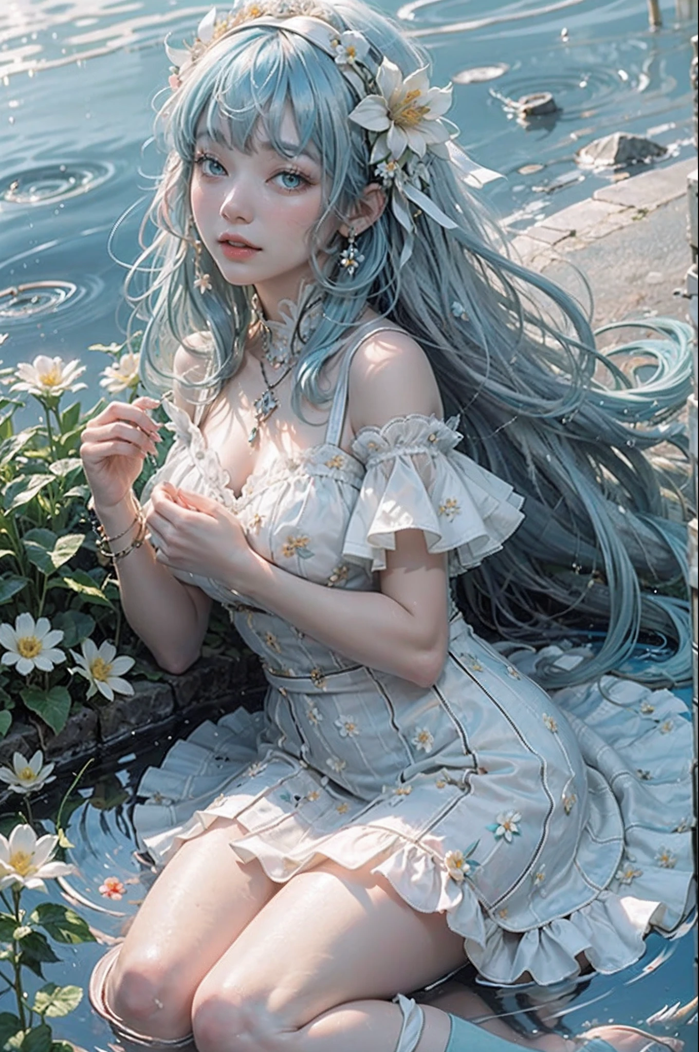 (extremely detailed CG unity 8k wallpaper, masterpiece, best quality, ultra-detailed),(best illumination, best shadow, an extremely delicate and beautiful), floating, high saturation, professional photoshoot, god rays, reflection, little fairy, (1girl), ((light blue long hair):(light blue hair:1.3)|(black hair:0.8)),orange bright eyes, wear ((white dress with flower accessory)), have fairy wings, wear flower theme accessory, in middle variations of flower fields, calm vibe, meditate, full body shot, symmetrical --auto --s2