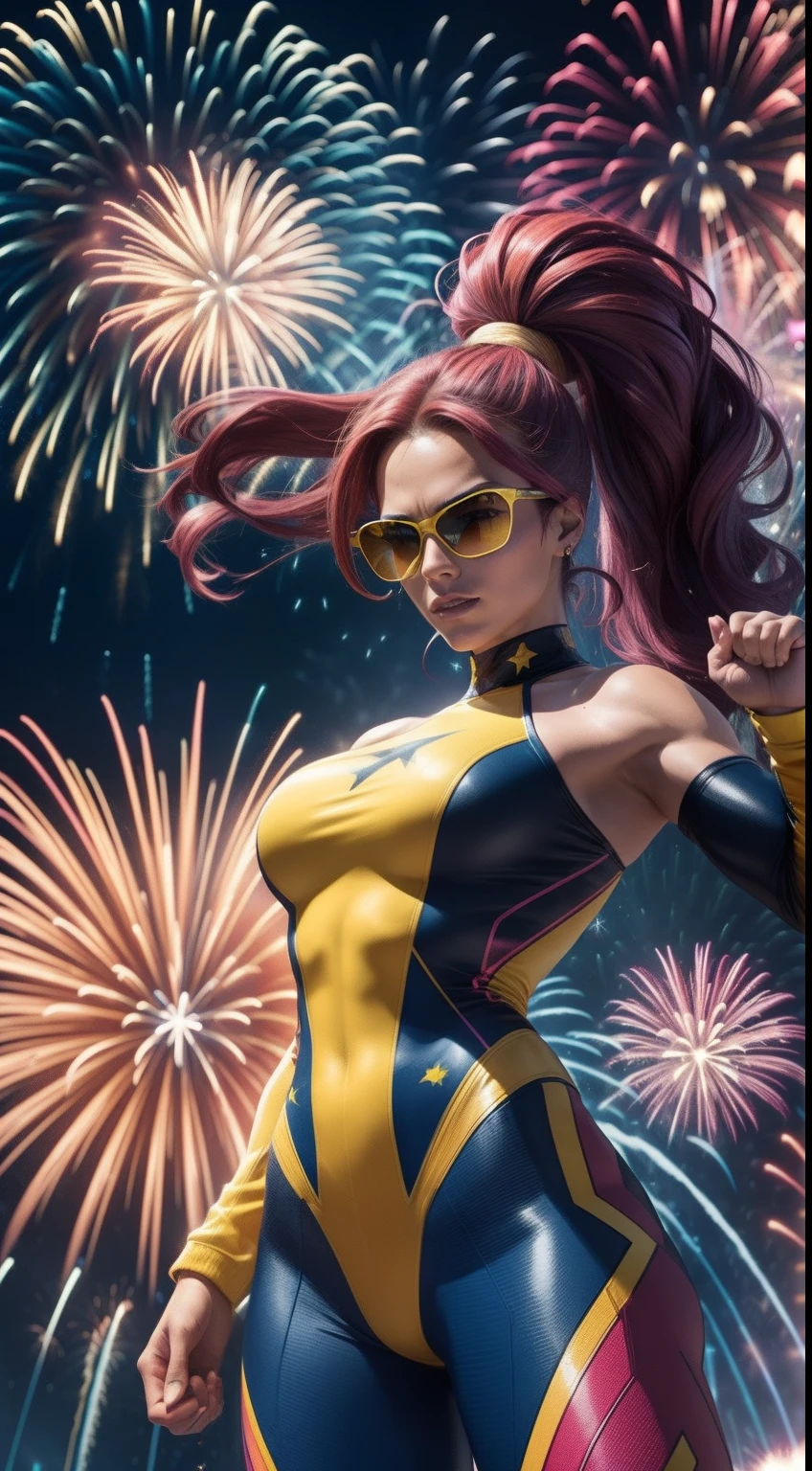 "Full-length portrait of the mutant Jubilee in a dynamic and powerful pose with raised hands generating multi-colored fireworks. She is wearing her classic yellow outfit with pink sunglasses and a ponytail. Her athletic body is seen in motion as bright fireworks explode around him in circular patterns and sparkling waterfalls illuminating the scene. The background is dark to highlight the colorful fireworks. His face bears an expression of determination and confidence in his mutant powers."