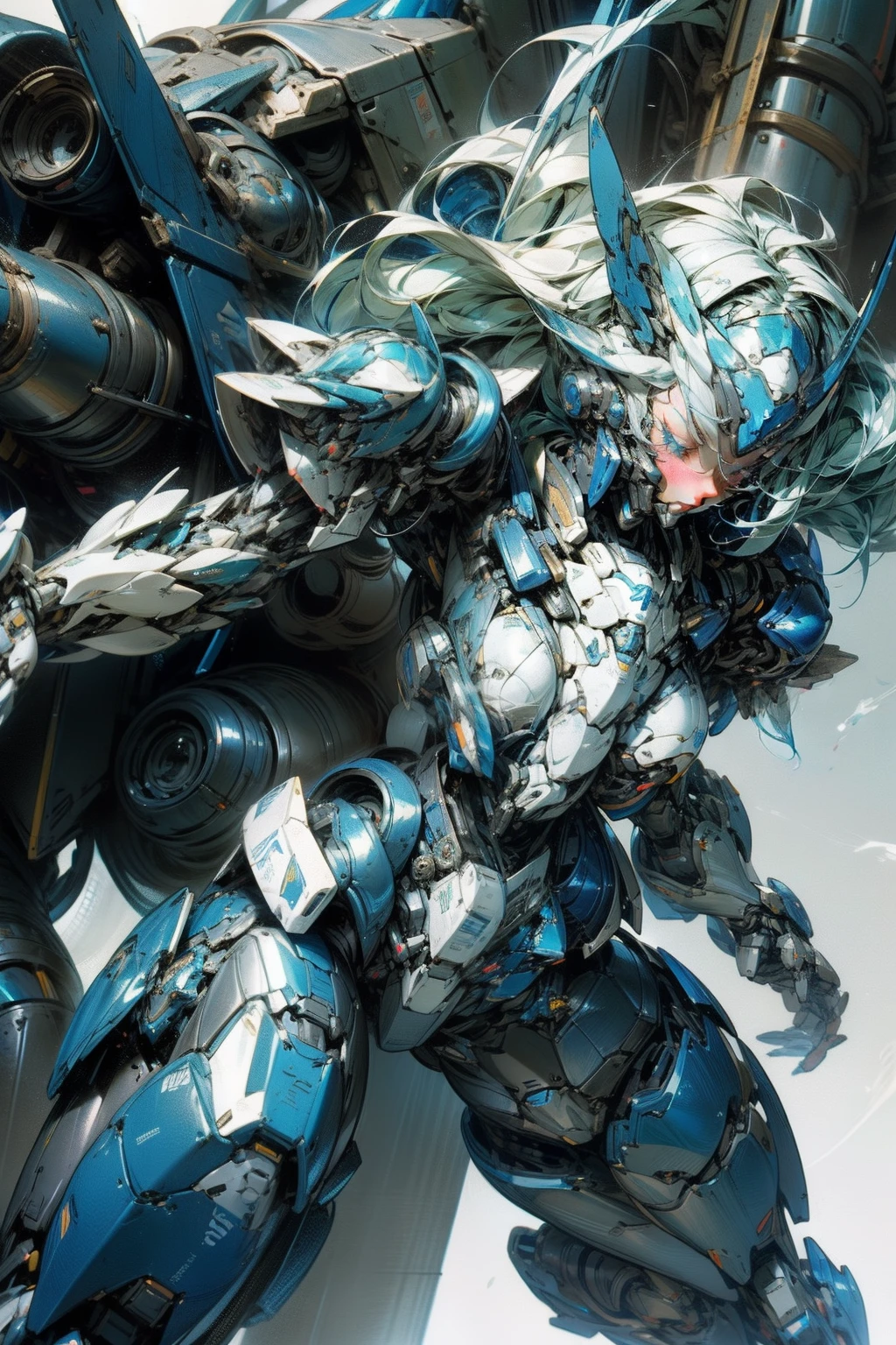 a close up of a woman in a blue and white outfit holding a large robot, anime mecha aesthetic, girl in mecha cyber armor, streamlined blue armor, armor girl, mecha asthetic, anime robotic mixed with organic, slick blue armor, cyberpunk anime girl mech, detailed anime artwork, mechanized valkyrie girl, female mecha, white hair, long hair