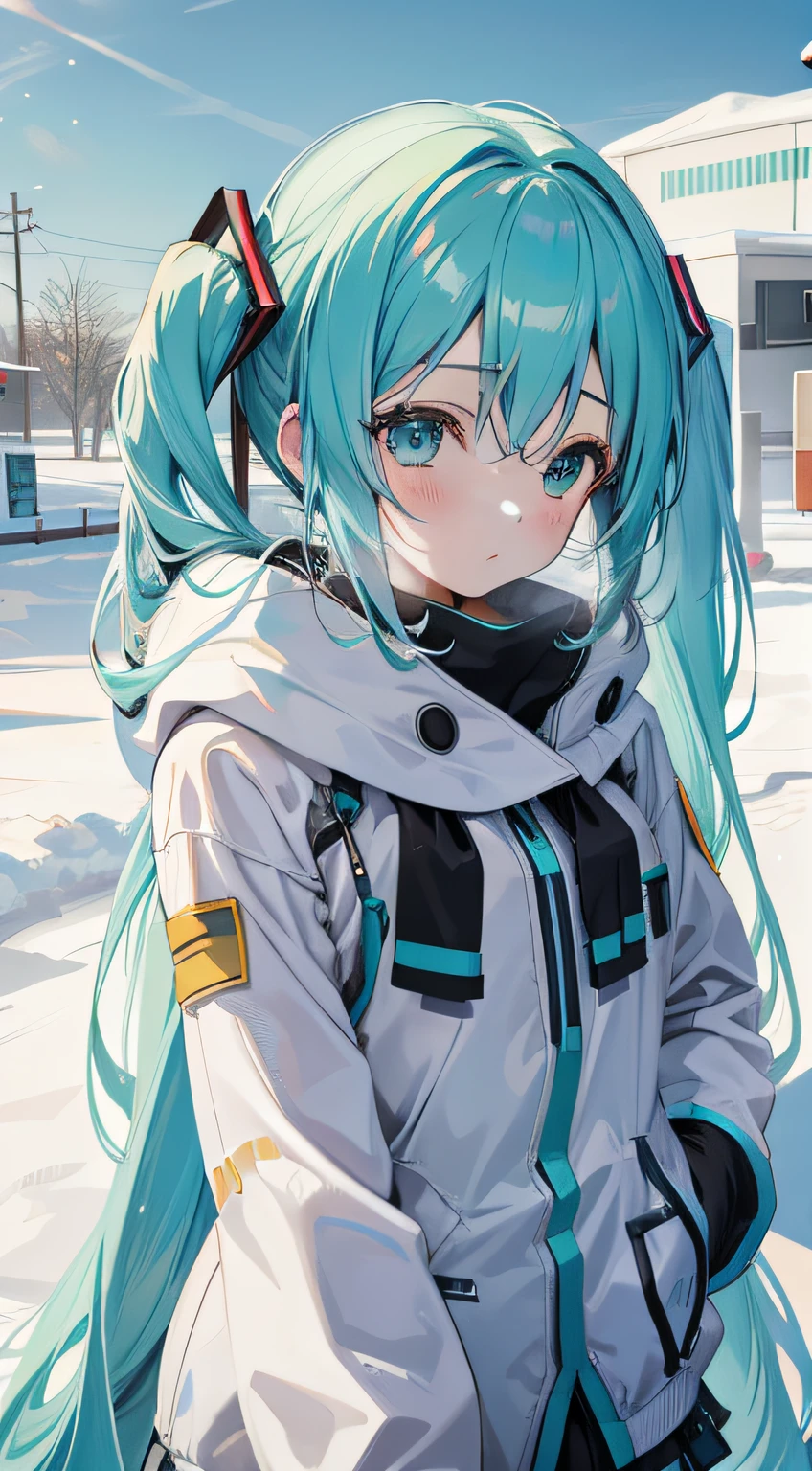 Hatsune Miku small，Winters，snowflower，Thick clothes，full bodyesbian，snowfield，Skysky，Lateral face