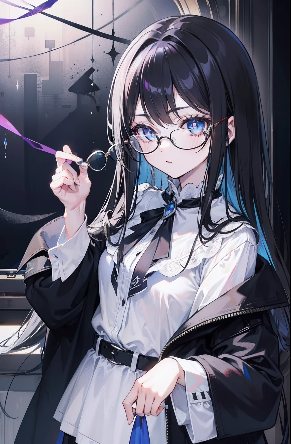 with dark hair and glasses,Powder-blue pupils,Clothes in black and white color,Vermilion threads interweave background,It is a very deceitful royal sister goddess