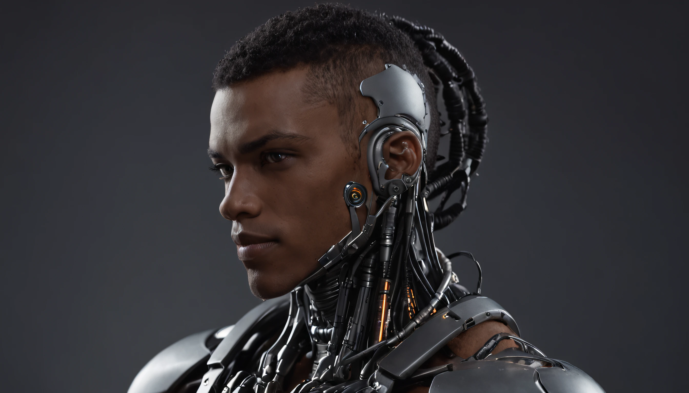 Mid-Action Close-Up: Close-up of Shawt's face in mid-action, capturing the tension and movement, with glowing eyes and mechanical details.
Full-Body Standing Pose: Shawt standing with a powerful stance, showing the full extent of his cybernetic body, glowing circuitry, and mechanical parts.
Half-Body Profile: Side profile shot of Shawt from the waist up, highlighting the cybernetic enhancements on his face and torso.
Close-Up of Hand: Detailed close-up of Shawt's cybernetic hand, showing intricate mechanical parts, metallic skin, and glowing circuitry.