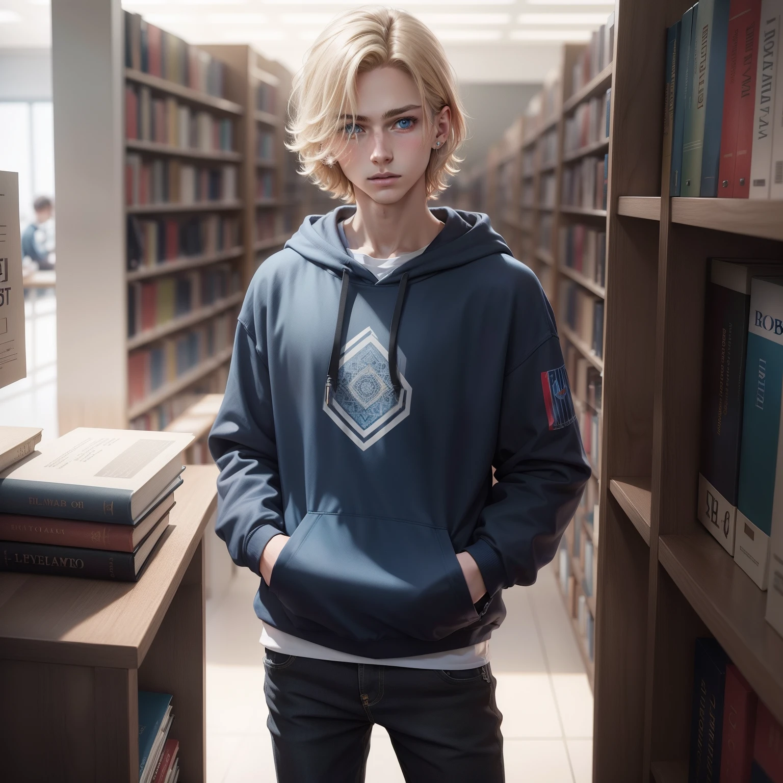 1 boy,(Realistic),Beautiful fece,Beautiful Boys,Bob Hair,a blond,(blue eyess),atlibrary,to stand,Geometric pattern hoodie,(Masterpiece 1.2),