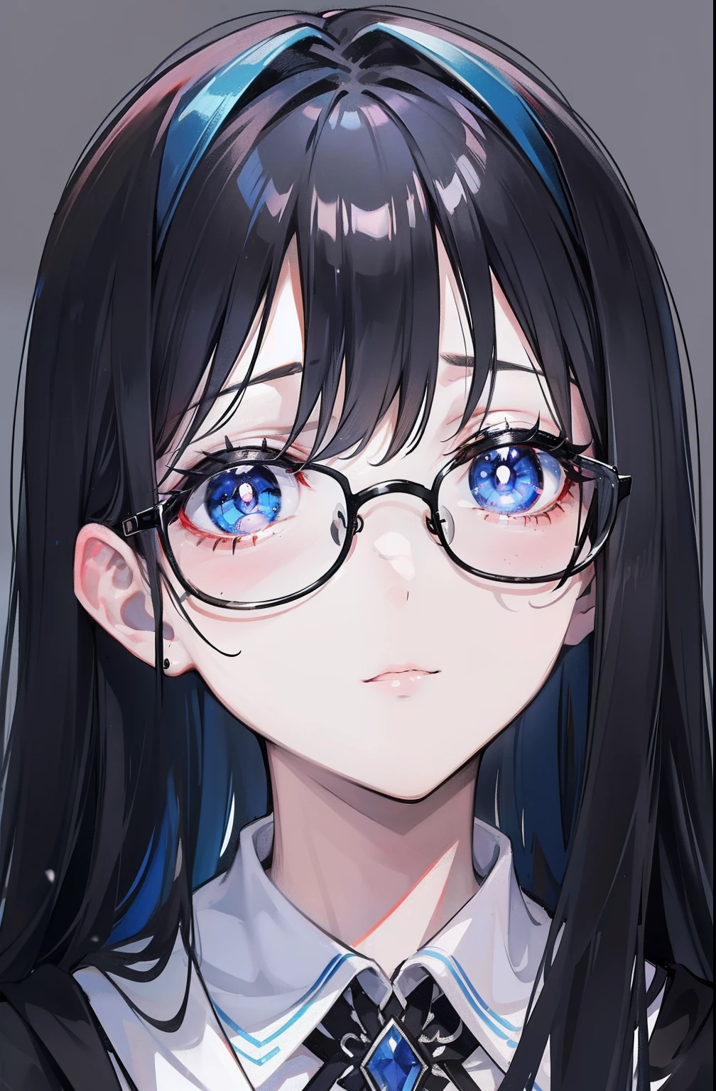 with dark hair and glasses,Powder-blue pupils,Clothes in black and white color,Vermilion threads interweave background,It is a very deceitful royal sister goddess