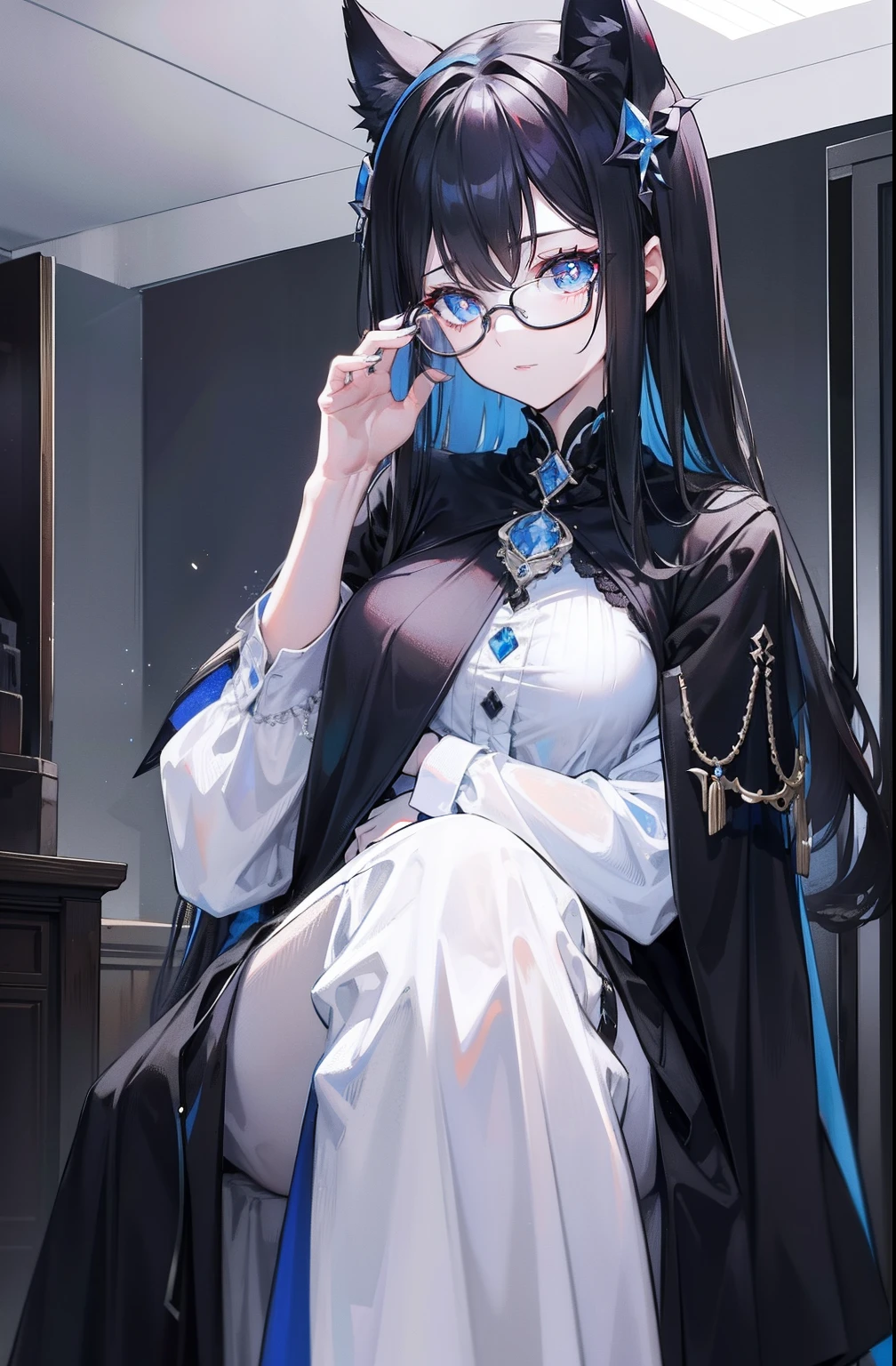 with dark hair and glasses，Powder-blue pupils，Clothes in black and white color，Vermilion threads interweave background，It is a very deceitful royal sister goddess