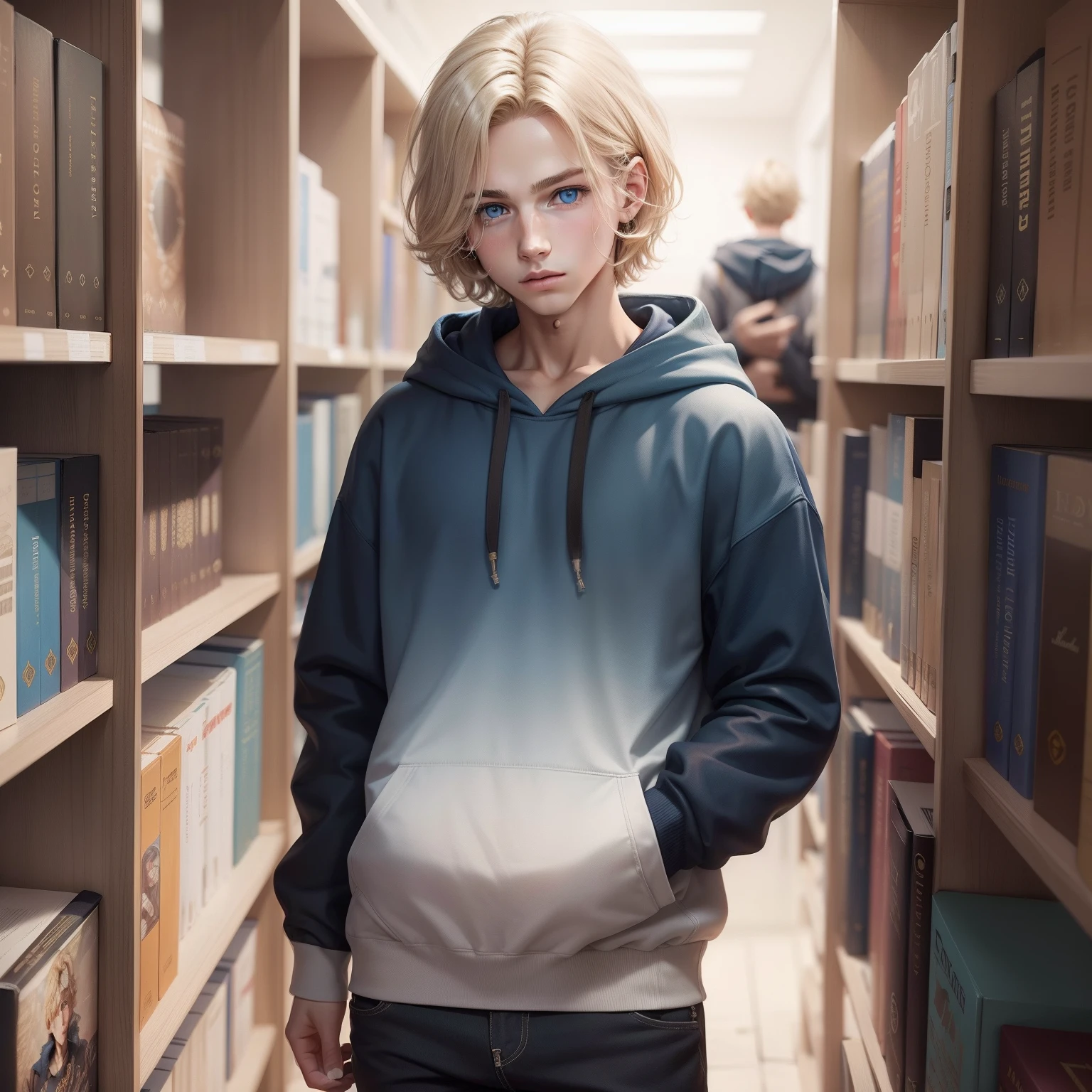 1 boy,(Realistic),Beautiful fece,Beautiful Boys,Bob Hair,a blond,(blue eyess),atlibrary,to stand,Geometric pattern hoodie,(Masterpiece 1.2),