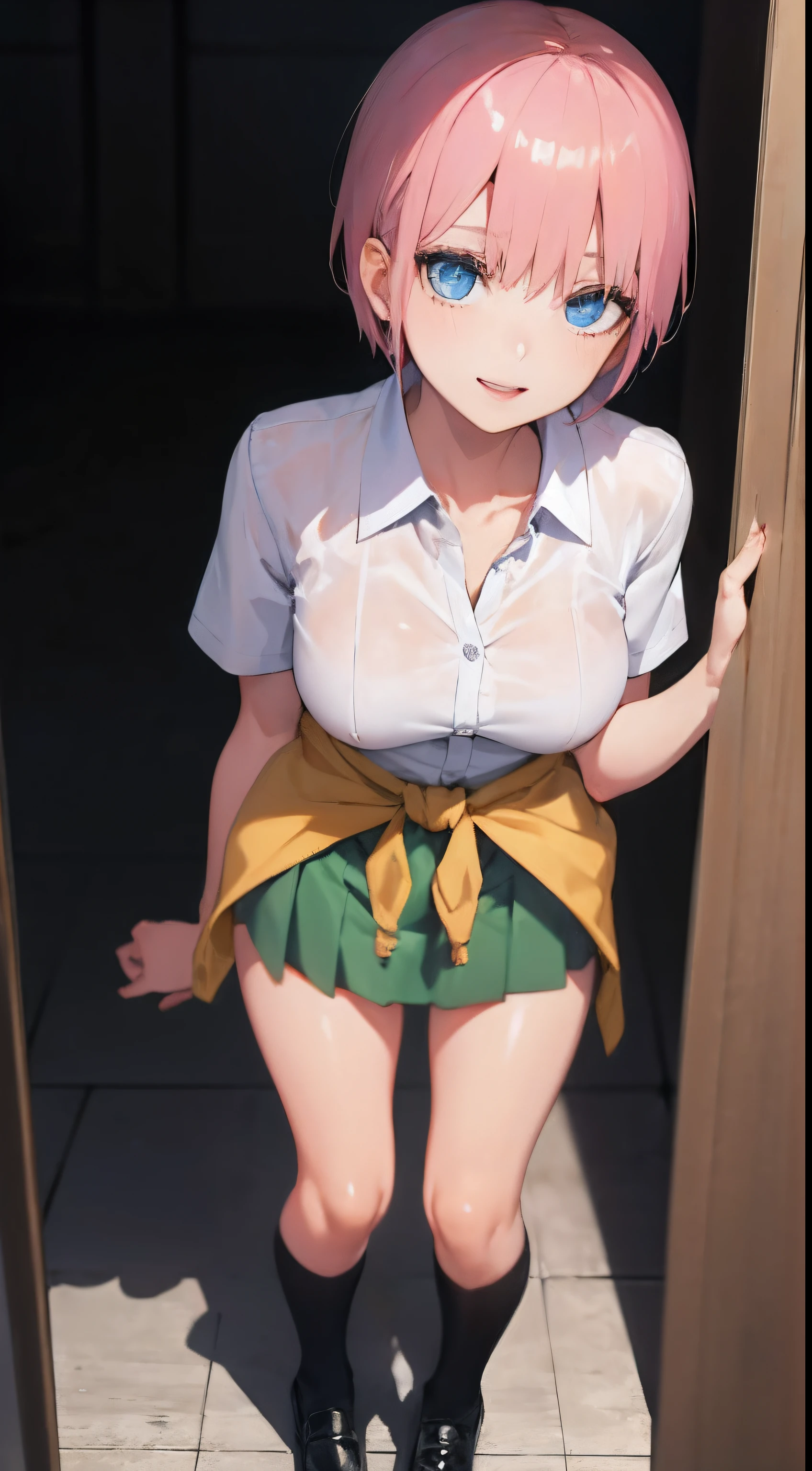 ichikanakano, ichika nakano, Short hair, Bangs, Blue eyes, hair between eye, Pink hair,
BREAK skirt, Shirt, School uniform, White shirt, Short sleeves, Pleated skirt, shoes, sox, Collared shirt, Black footwear, Sweaters, White socks, Green skirt, lowfers, clothes around waist,
Break indoors, crass room,
BREAK looking at viewer, BREAK (masutepiece:1.2), Best Quality, High resolution, Unity 8k壁纸, (Illustration:0.8), (Beautiful detailed eyes:1.6), extra detailed face, Perfect Lighting, extremely details CG, (Perfect hands, Perfect Anatomy),A smile