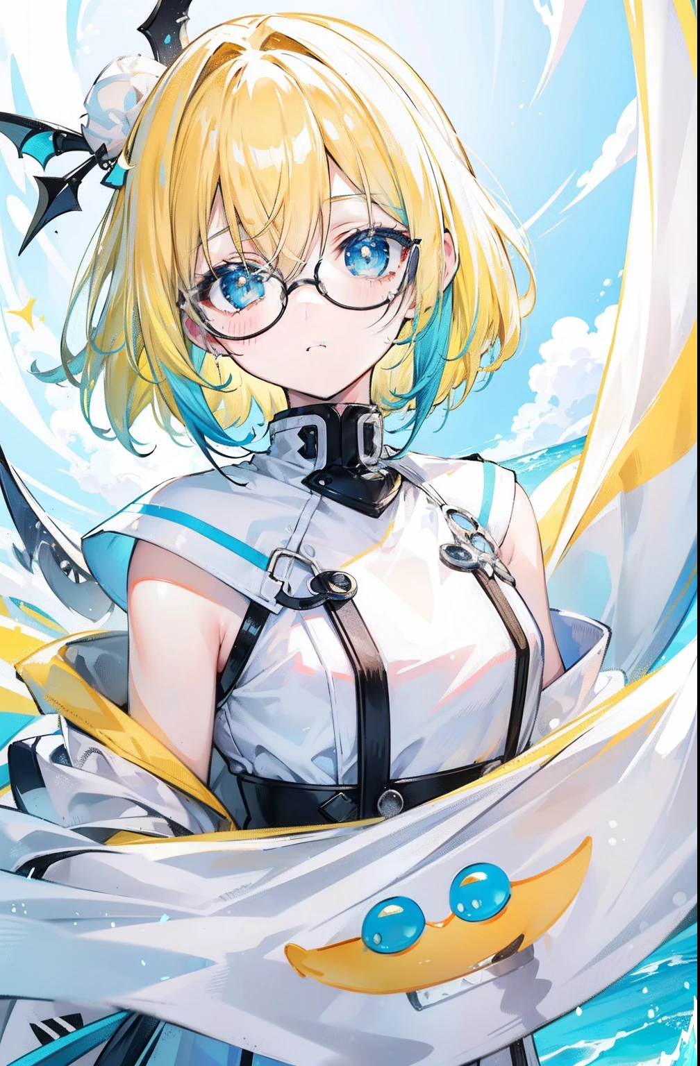 Creamy white pale bluish-yellow hair,Blue-pink pupils,Black thick-rimmed glasses,Yellow, blue and white clothes,A super good-looking, especially sweet and cute female sea king,A lot of people are willing to be his licking dogs