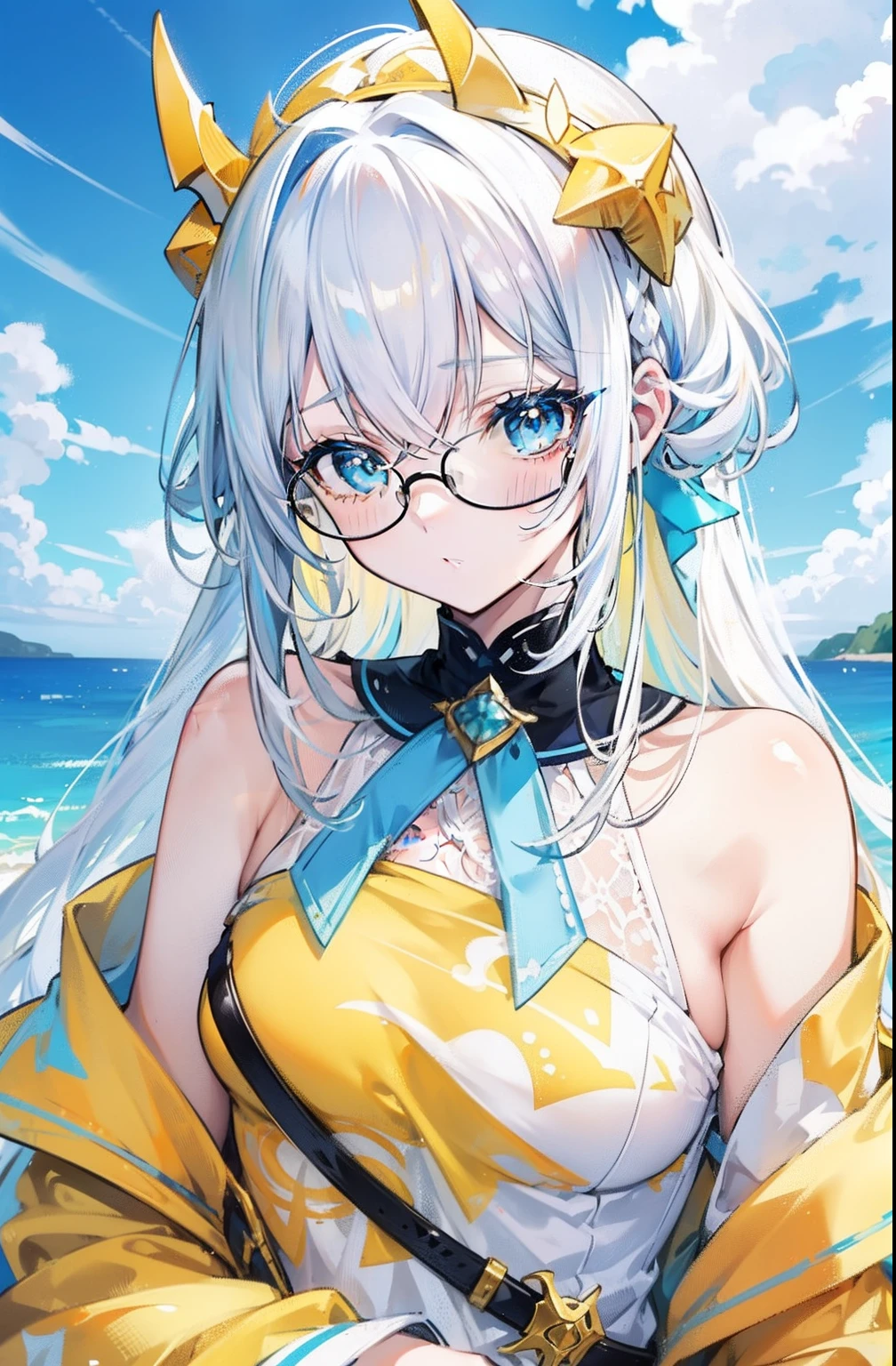 Creamy white pale bluish-yellow hair，Blue-pink pupils，Black thick-rimmed glasses，Yellow, blue and white clothes，A super good-looking, especially sweet and cute female sea king，A lot of people are willing to be his licking dogs